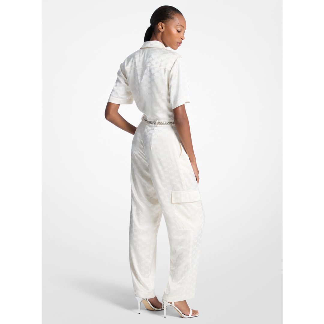 Michael Kors Logo Jacquard Satin Belted Jumpsuit BONE