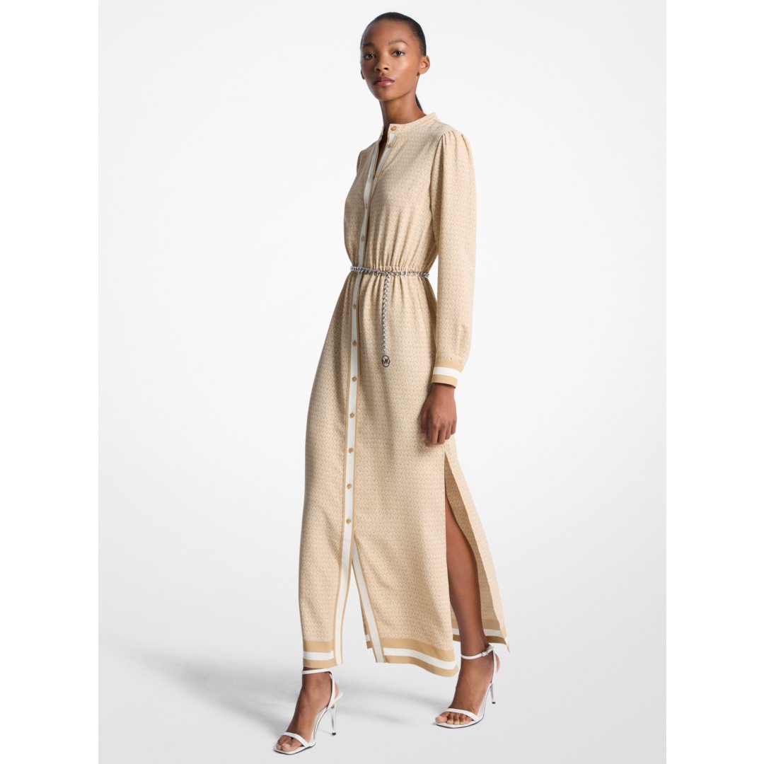 Michael Kors Logo Print Satin Belted Maxi Dress KHAKI
