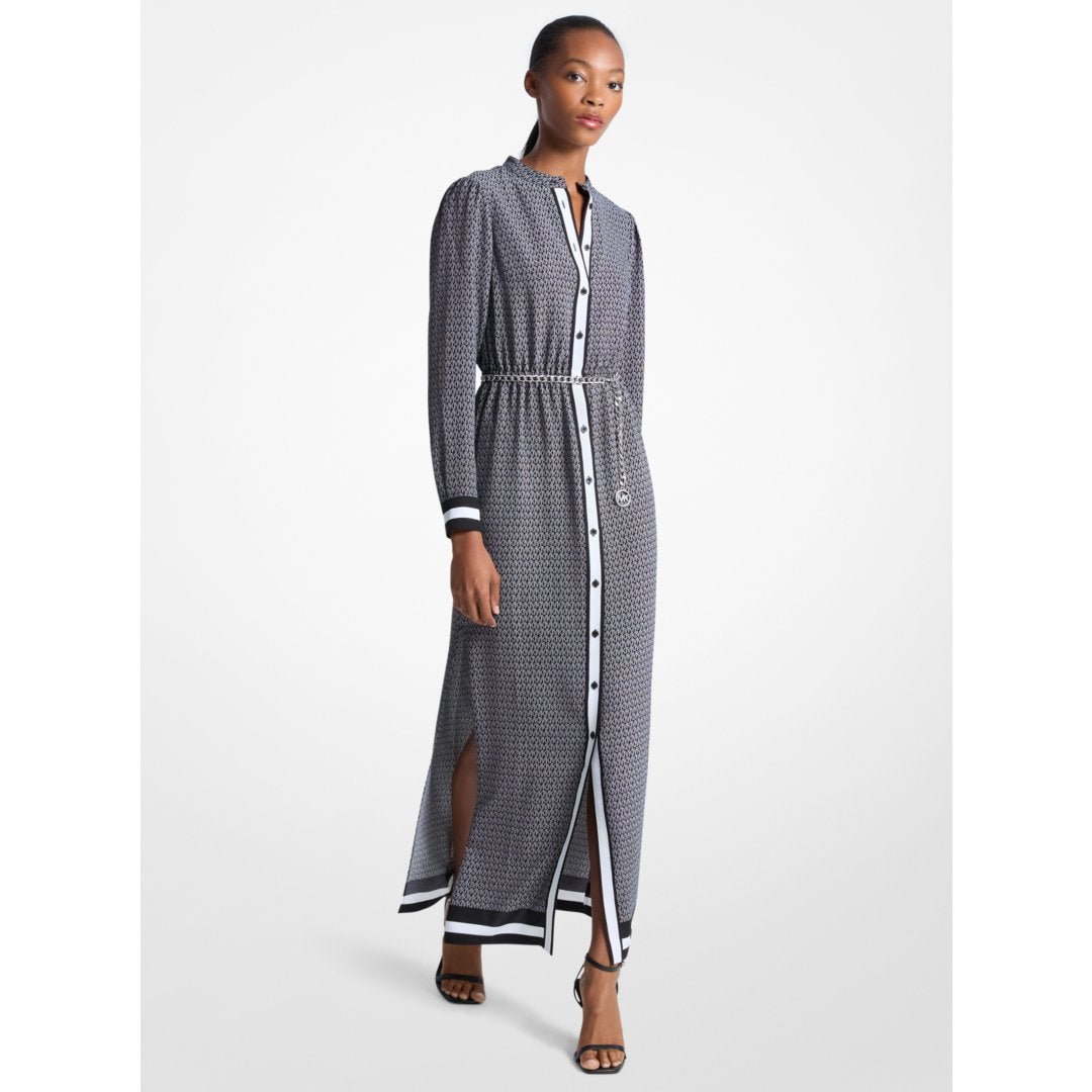 Michael Kors Logo Print Satin Belted Maxi Dress BLACK/WHITE