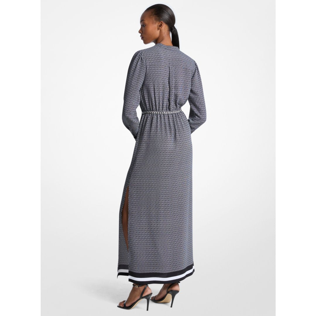 Michael Kors Logo Print Satin Belted Maxi Dress BLACK/WHITE
