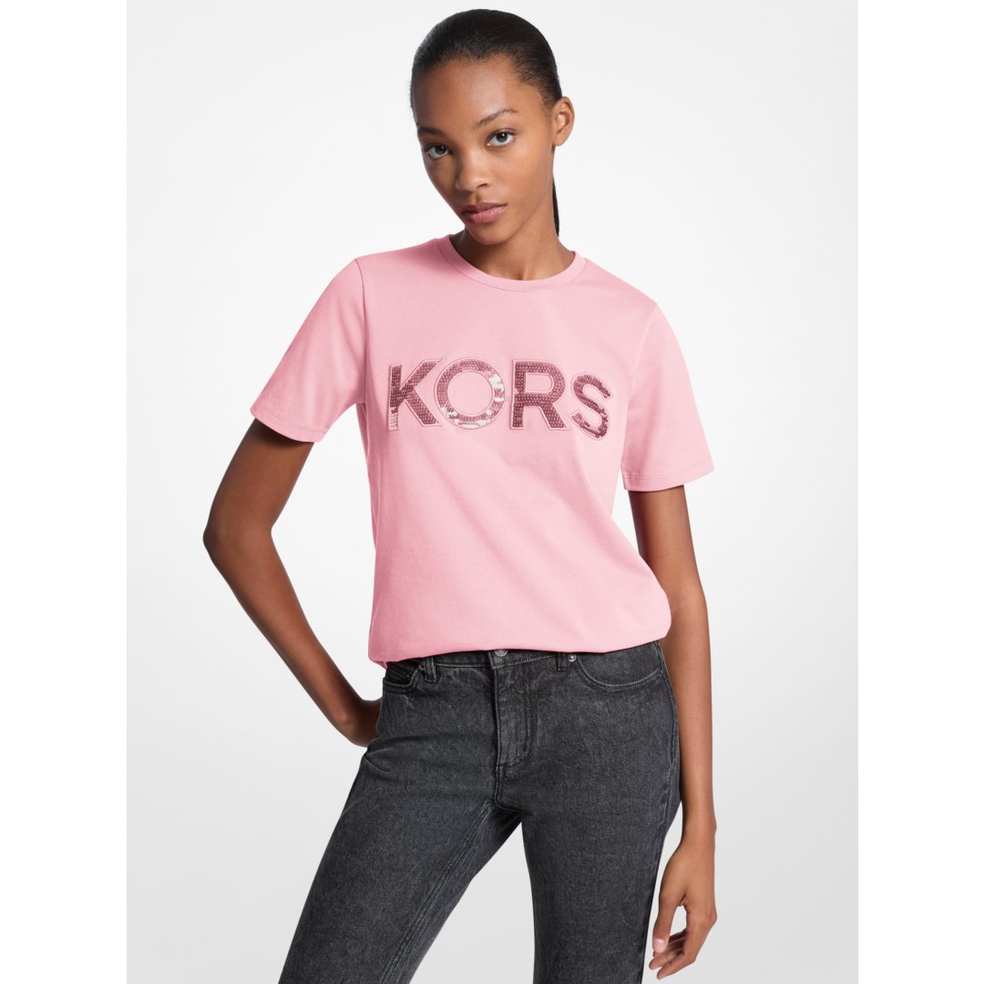Michael Kors Sequined Logo Cotton T-Shirt CARNATION