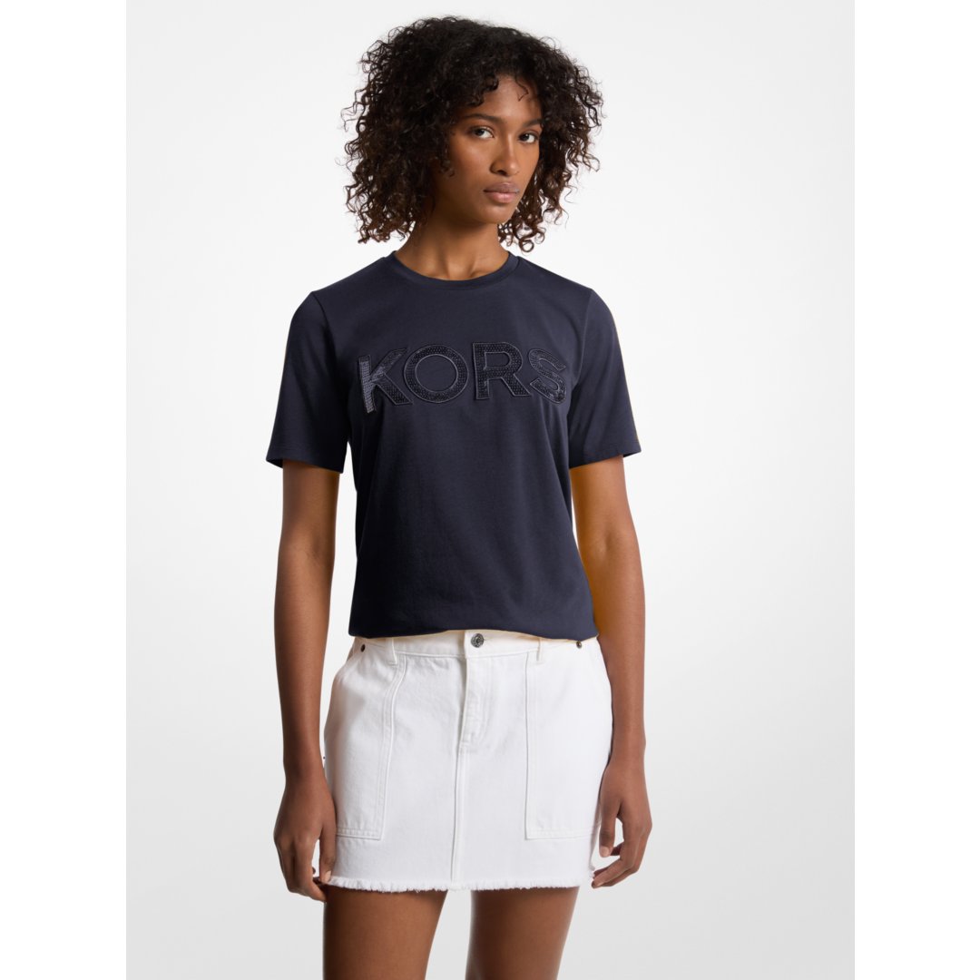 Michael Kors Sequined Logo Cotton T-Shirt MIDNIGHTBLUE