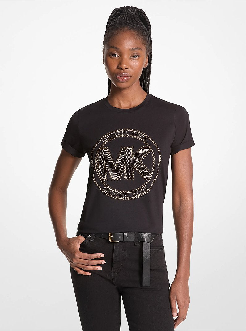 Michael Kors Studded Logo Charm Organic Cotton Jersey T-Shirt DK CHAMBRAY