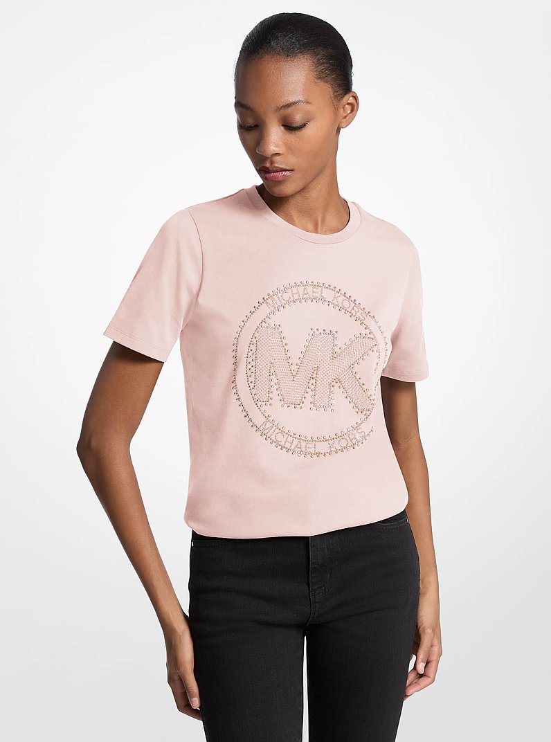 Michael Kors Studded Logo Charm Organic Cotton Jersey T-Shirt DK CHAMBRAY