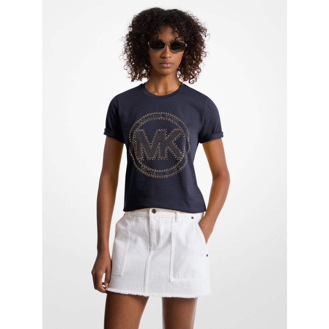 Michael Kors Studded Logo Charm Organic Cotton Jersey T-Shirt MIDNIGHTBLUE
