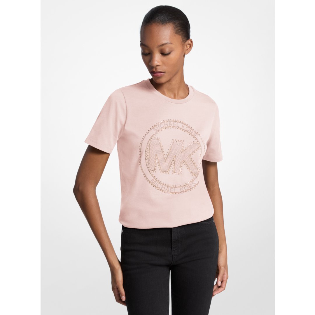 Michael Kors Studded Logo Charm Organic Cotton Jersey T-Shirt POWDER BLUSH