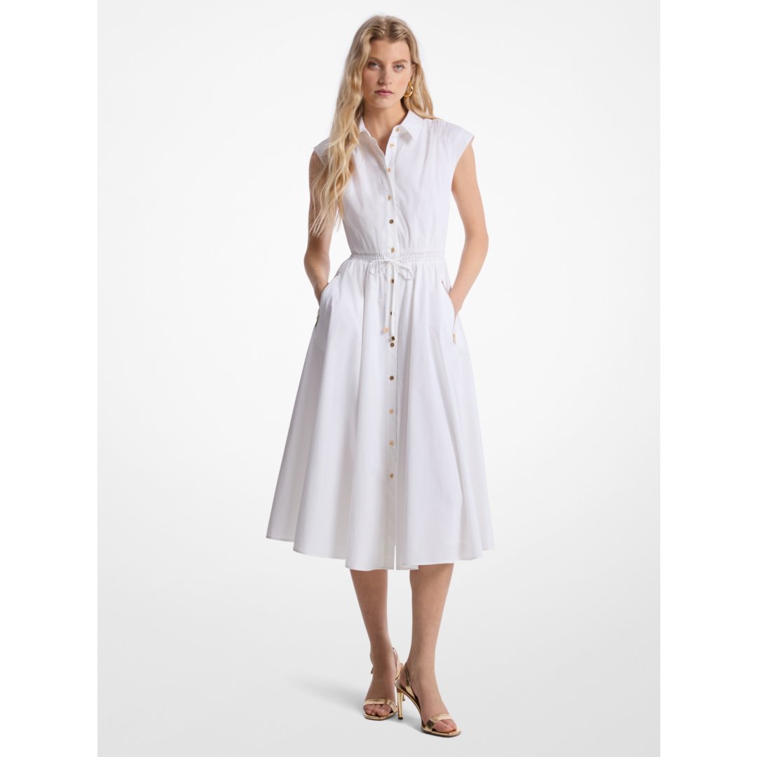 Michael Kors Stretch Cotton Poplin Midi Dress WHITE