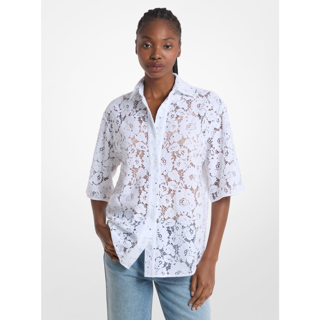 Michael Kors Studded Corded Floral Lace Shirt WHITE Kicks Machine Michael Kors Studded Corded Floral Lace Shirt WHITE Kicks Machine