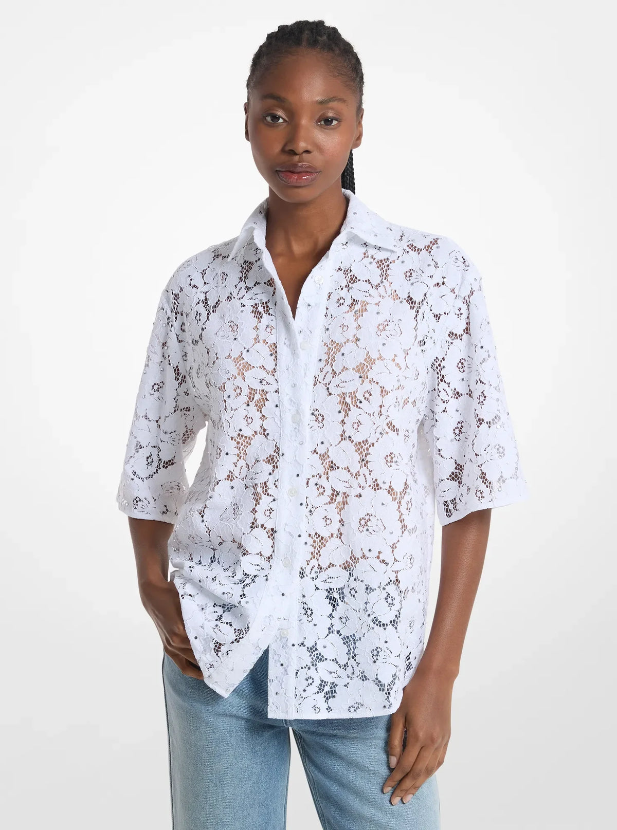 Michael Kors Studded Corded Floral Lace Shirt WHITE