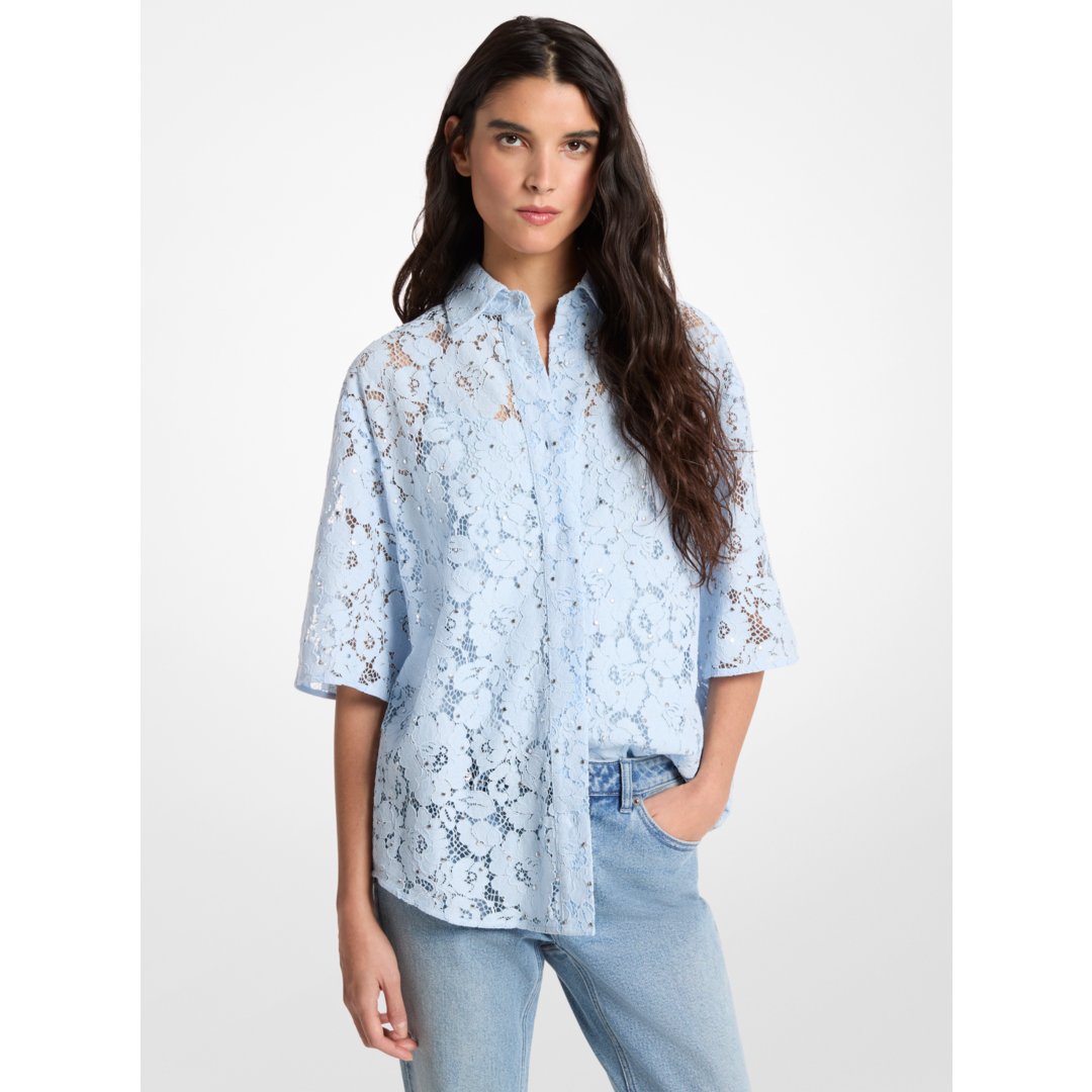 Michael Kors Studded Corded Floral Lace Shirt PASTEL BLUE
