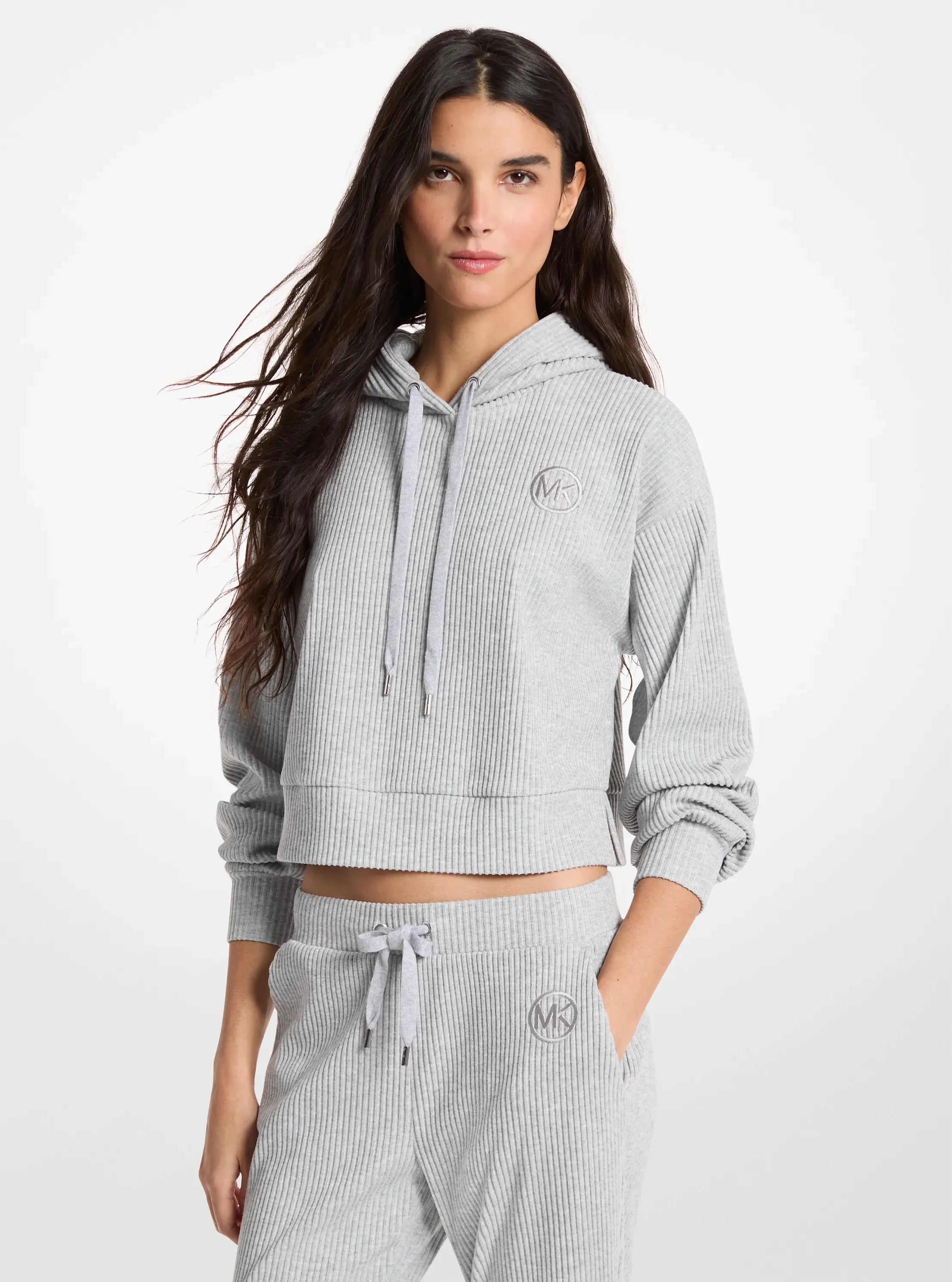 Michael Kors Ribbed Knit Hoodie PEARL GREY