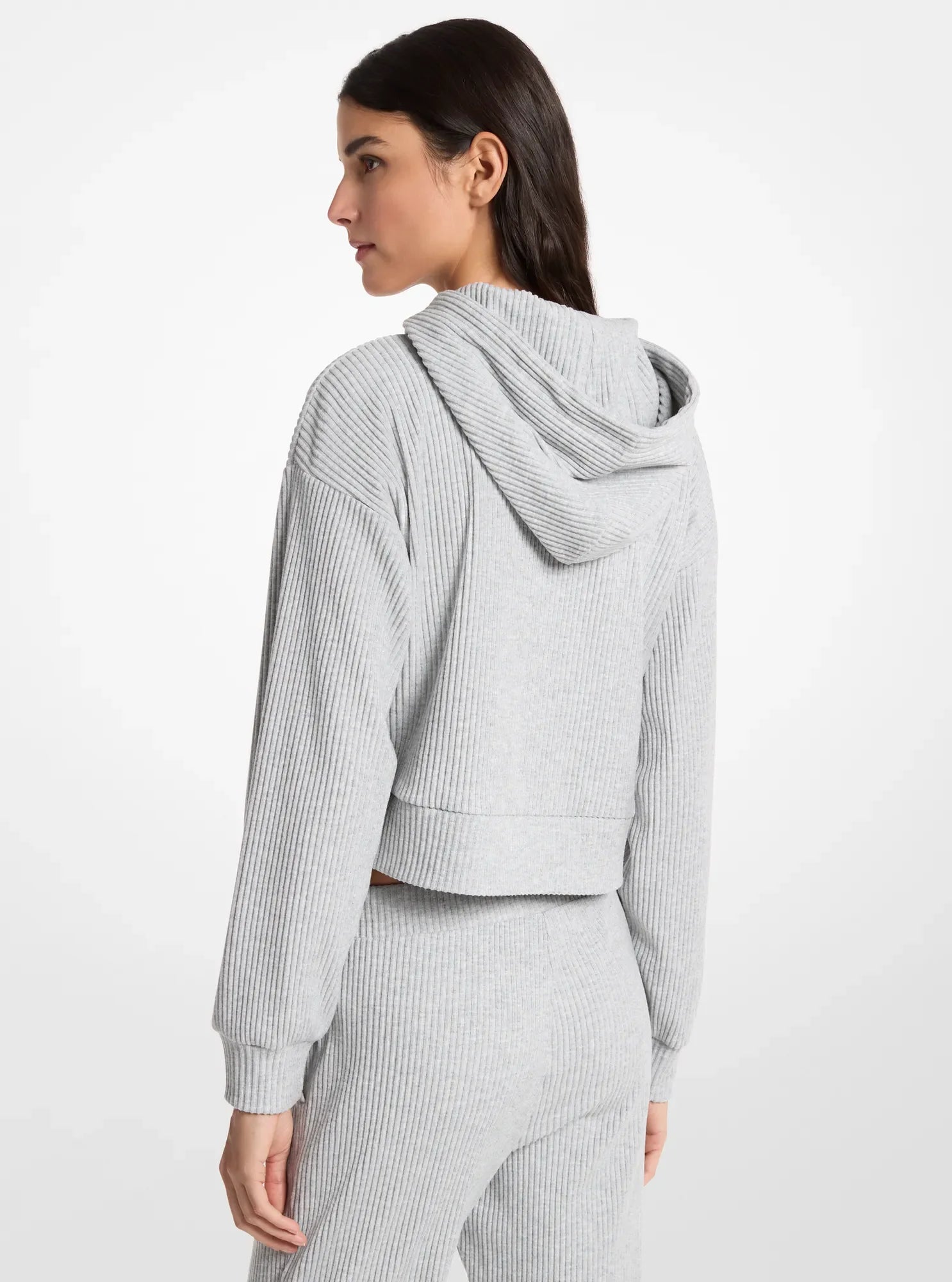 Michael Kors Ribbed Knit Hoodie PEARL GREY