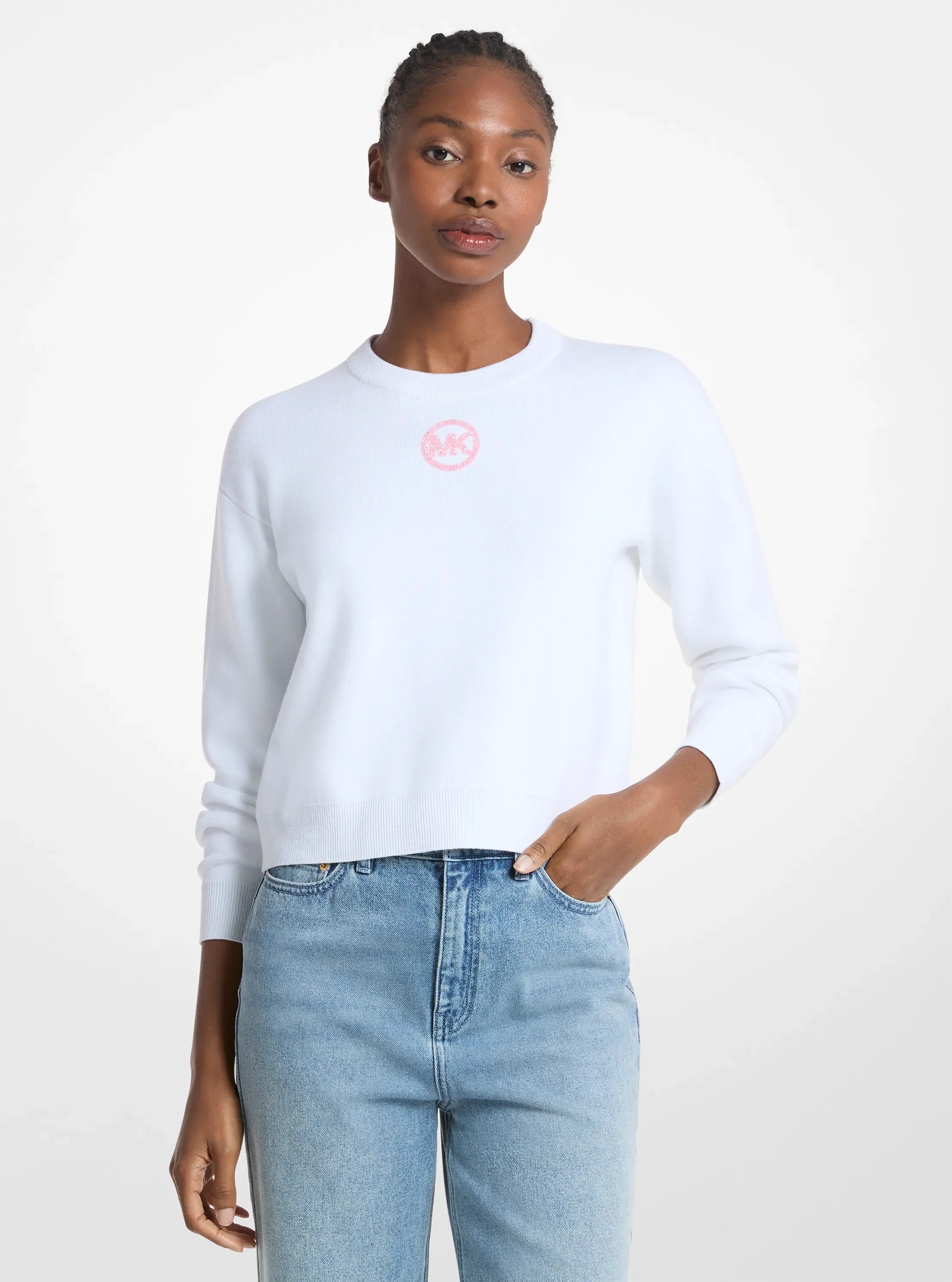 Michael Kors Embellished Logo Cotton Blend Sweater WHITE