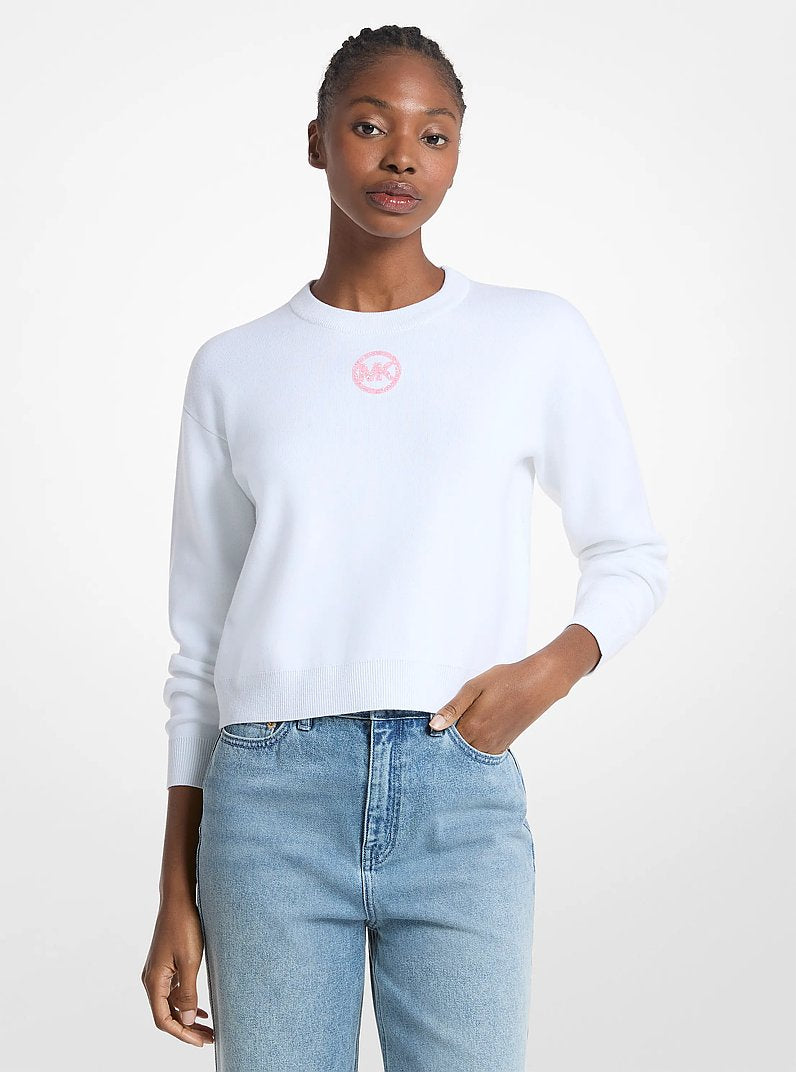 Michael Kors Embellished Logo Cotton Blend Sweater WHITE