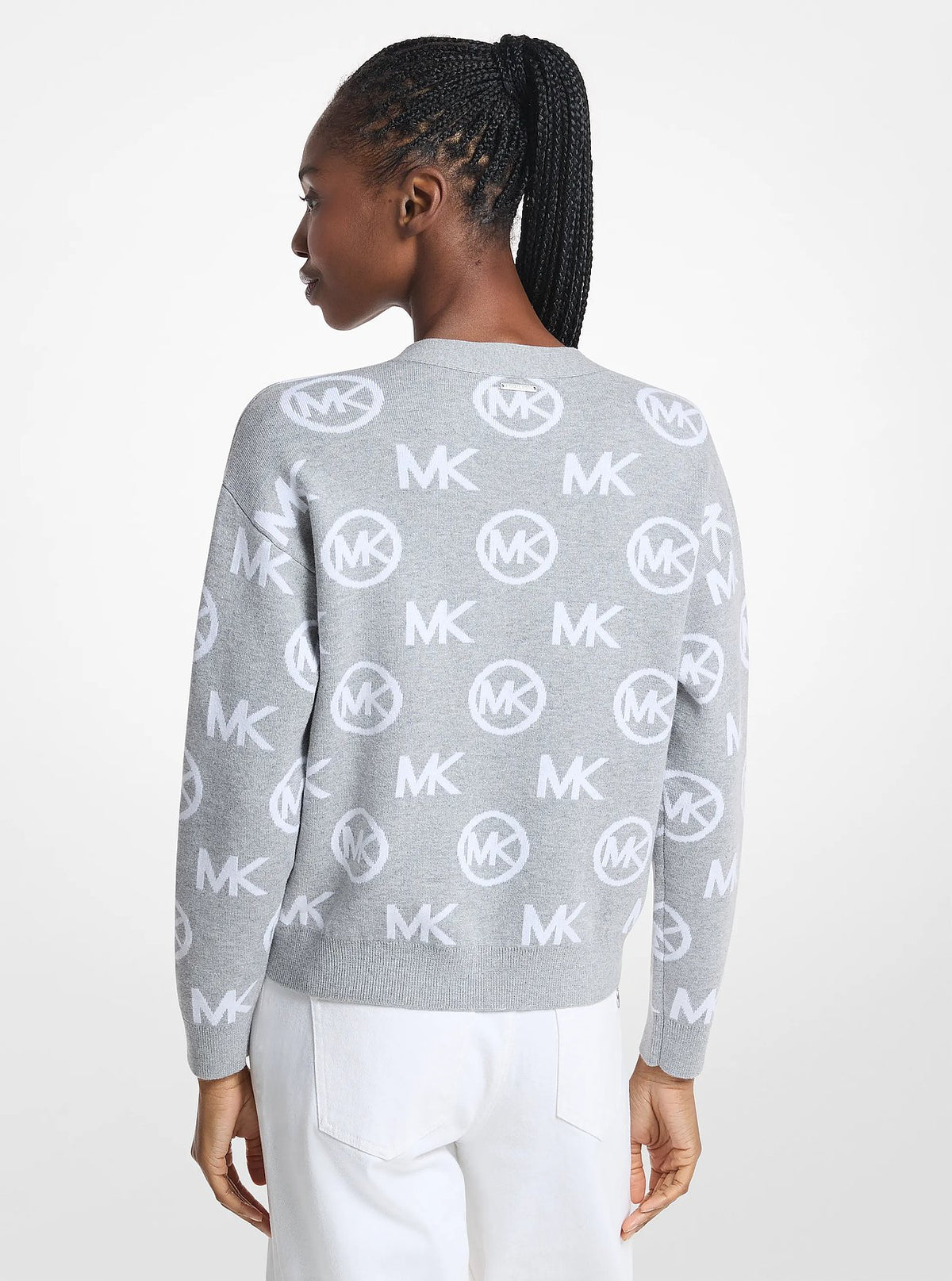 Michael Kors Logo Jacquard Cotton Blend Cardigan PEARL GREY