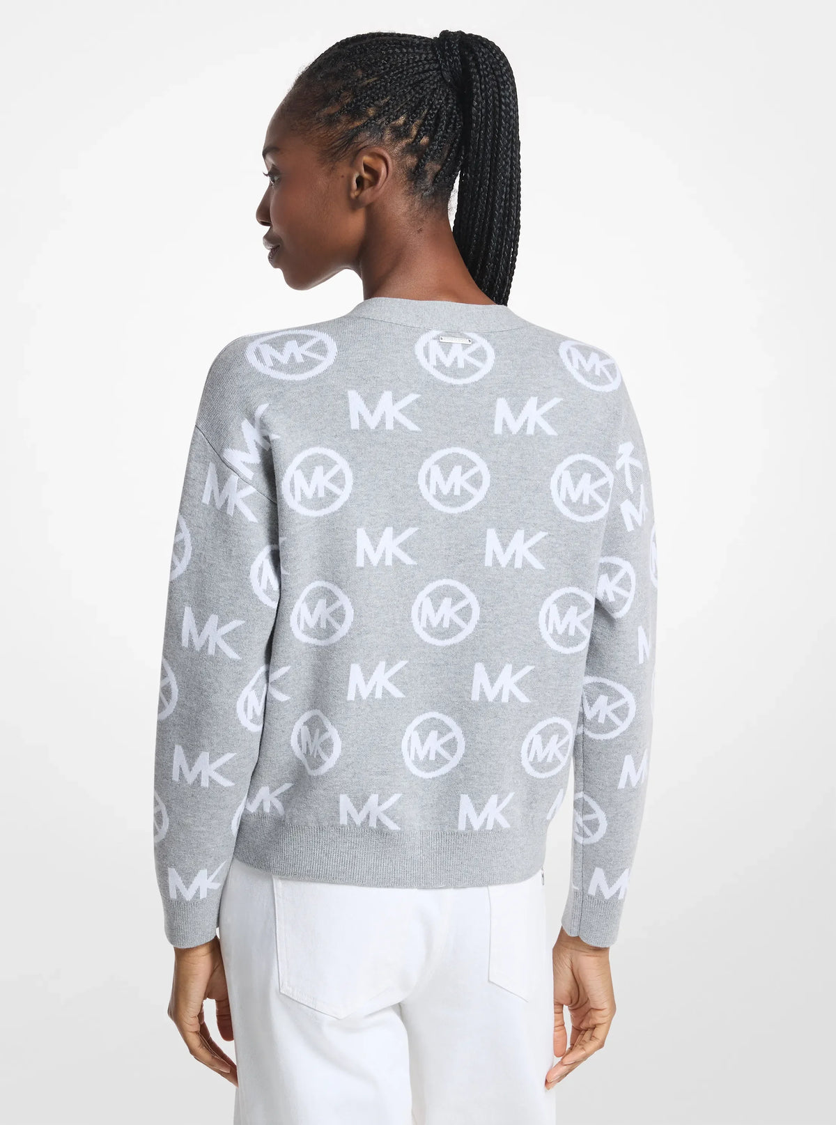 Michael Kors Logo Jacquard Cotton Blend Cardigan PEARL GREY