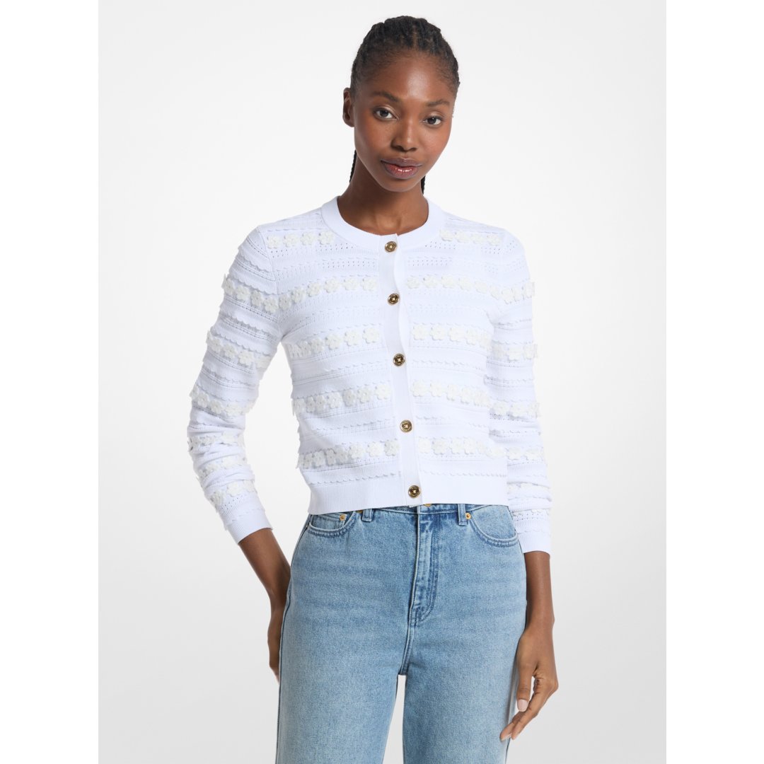 Michael Kors Floral Embellished Stretch Knit Cardigan WHITE