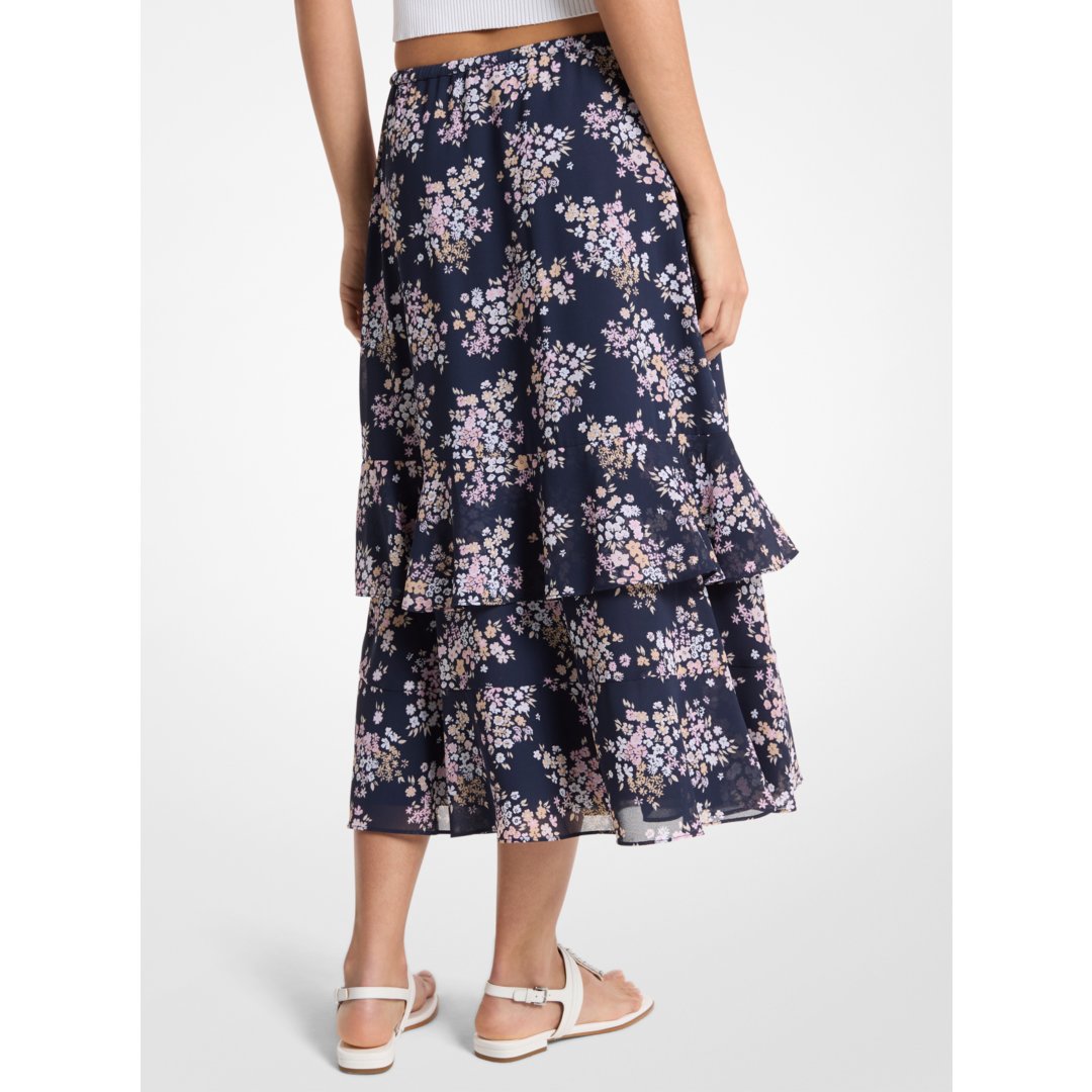 Michael Kors Floral Print Georgette Midi Skirt CARNATION