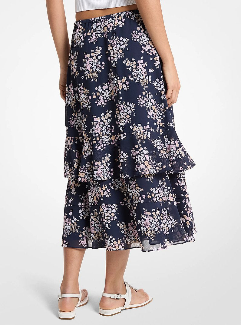 Michael Kors Floral Print Georgette Midi Skirt CARNATION