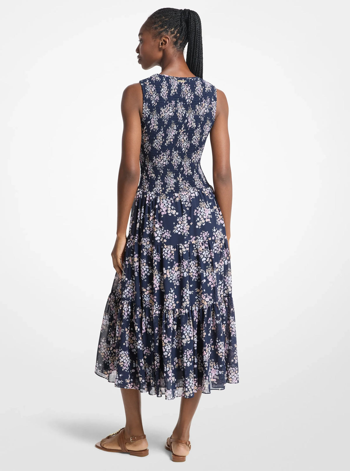 Michael Kors Floral Print Smocked Georgette Midi Dress CARNATION