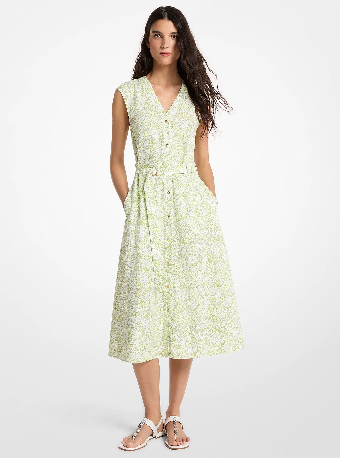 Michael Kors Floral Print Linen Blend Midi Dress LIME