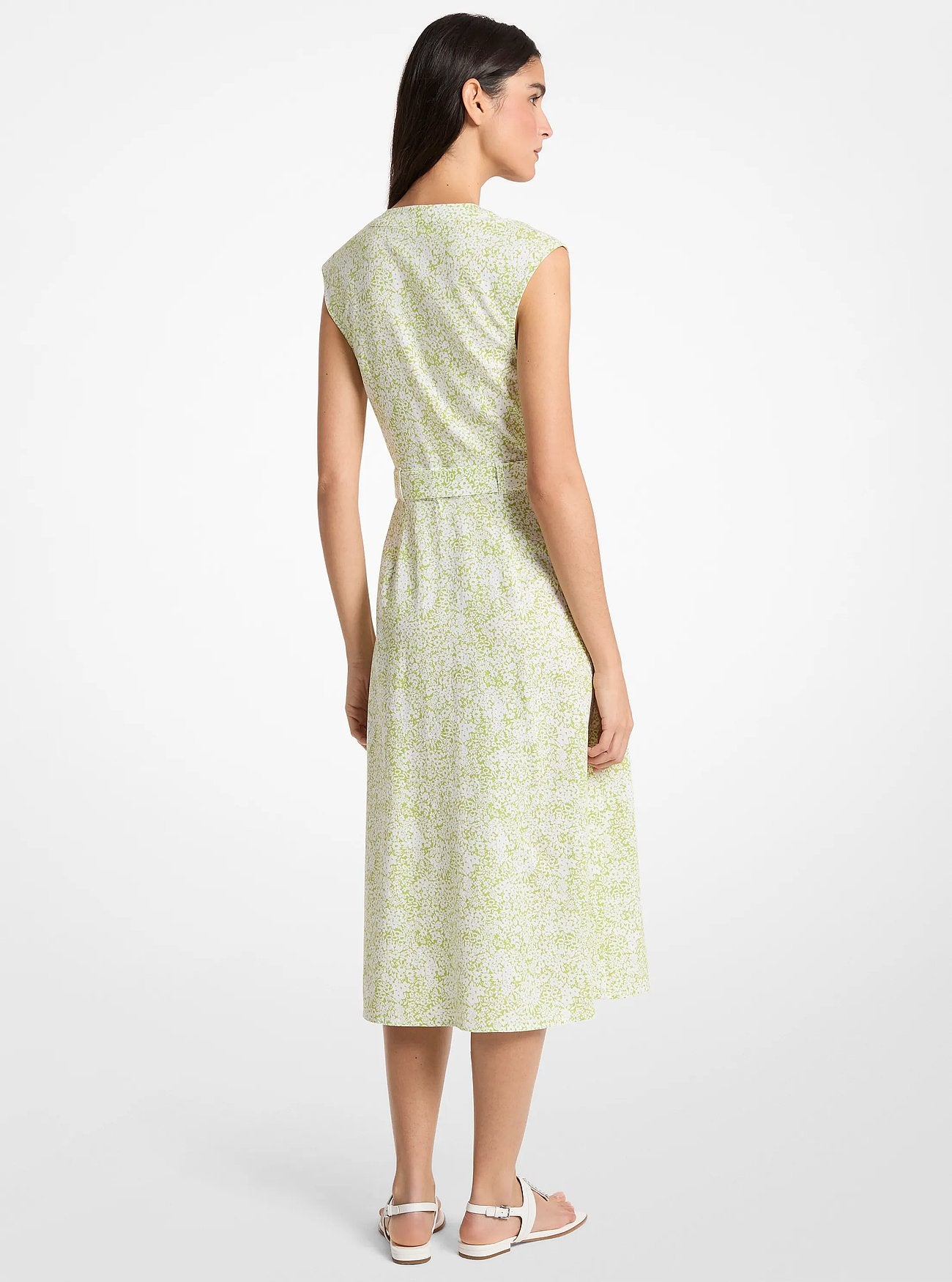Michael Kors Floral Print Linen Blend Midi Dress LIME