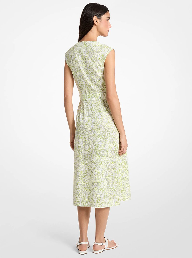 Michael Kors Floral Print Linen Blend Midi Dress LIME