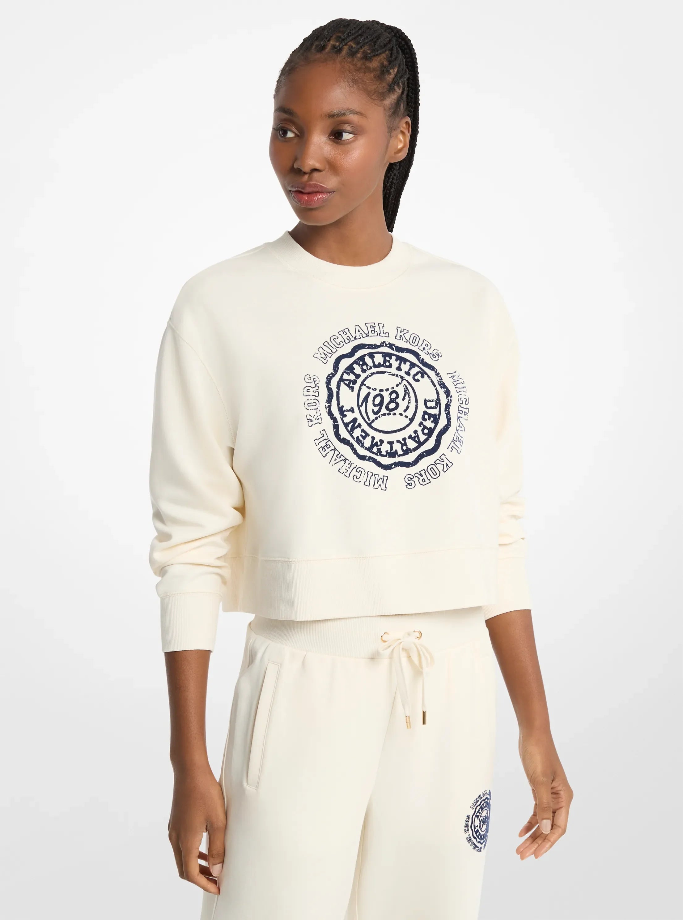 Michael Kors Graphic Logo Cotton Blend Cropped Sweatshirt BONE