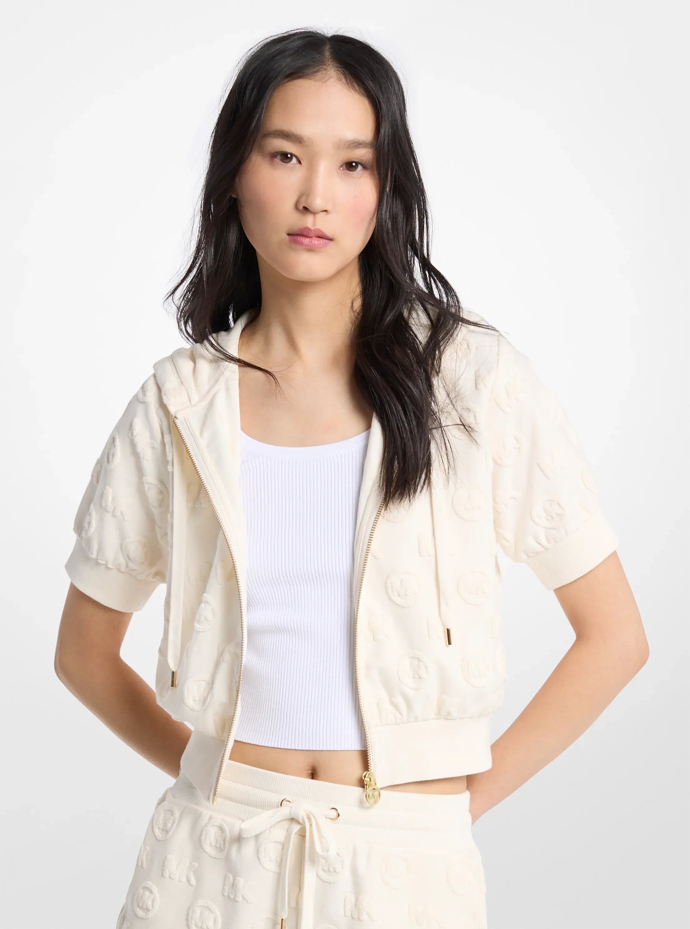 Michael Kors Logo Jacquard Terry Short-Sleeve Jacket BONE
