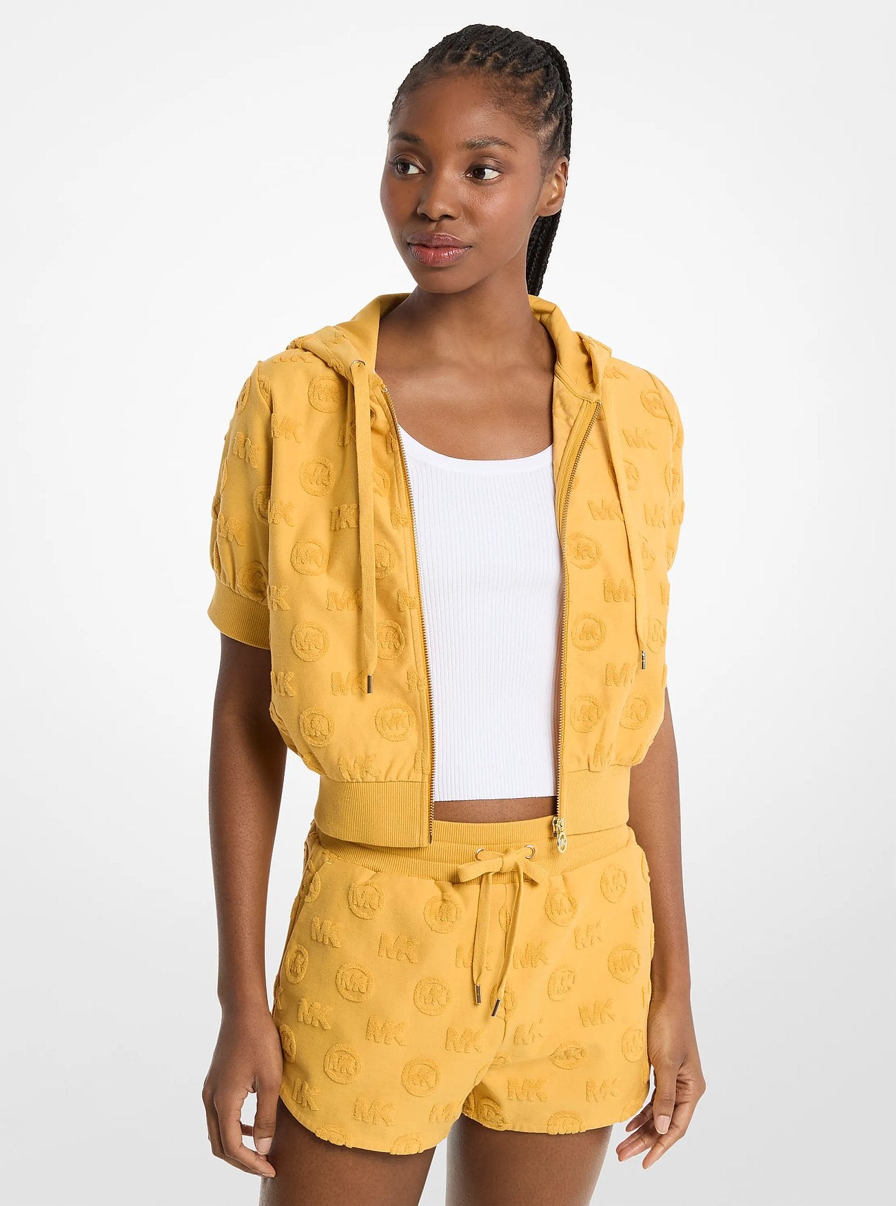 Michael Kors Logo Jacquard Terry Short-Sleeve Jacket HONEYWHEAT