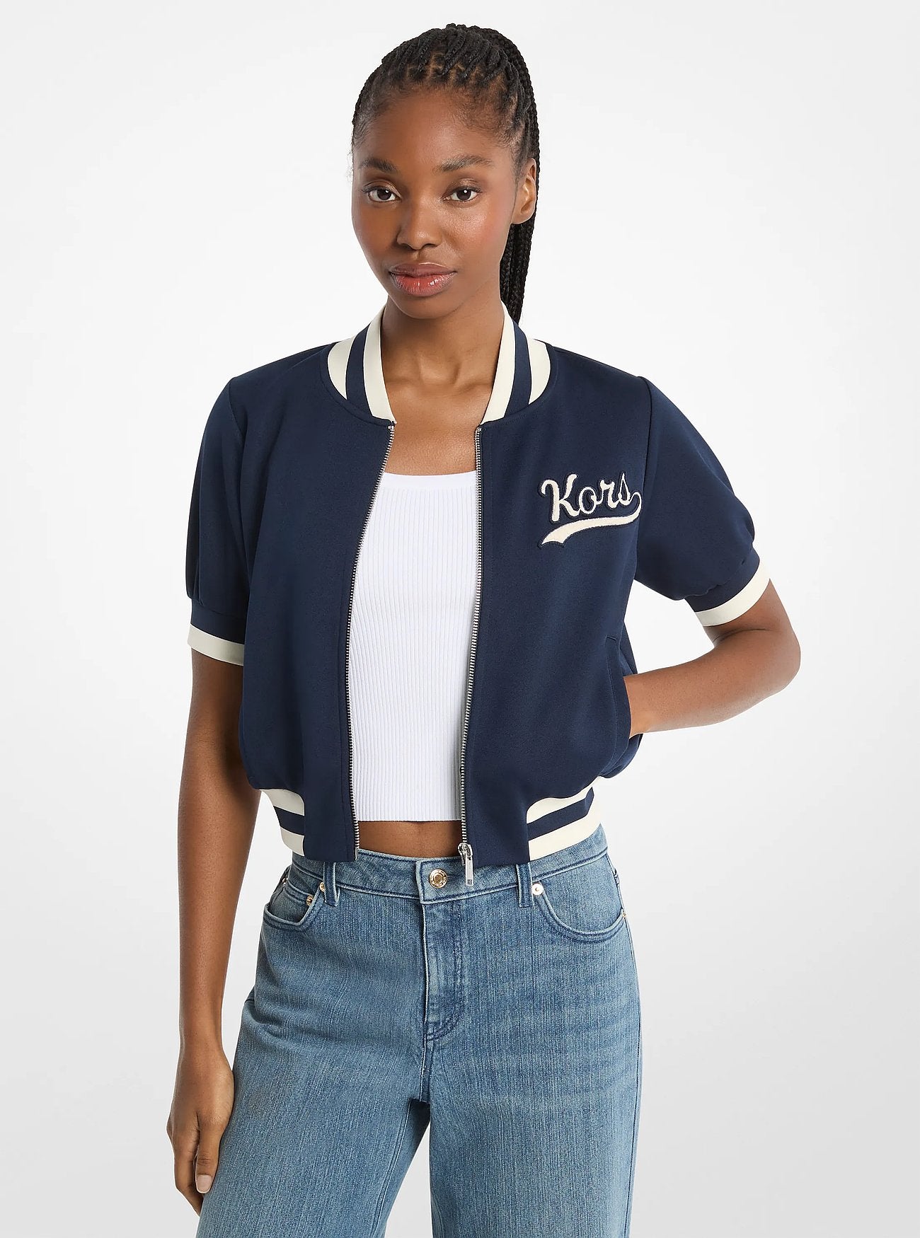 Michael Kors Sporty Piqu Cropped Short-Sleeve Jacket MIDNIGHTBLUE