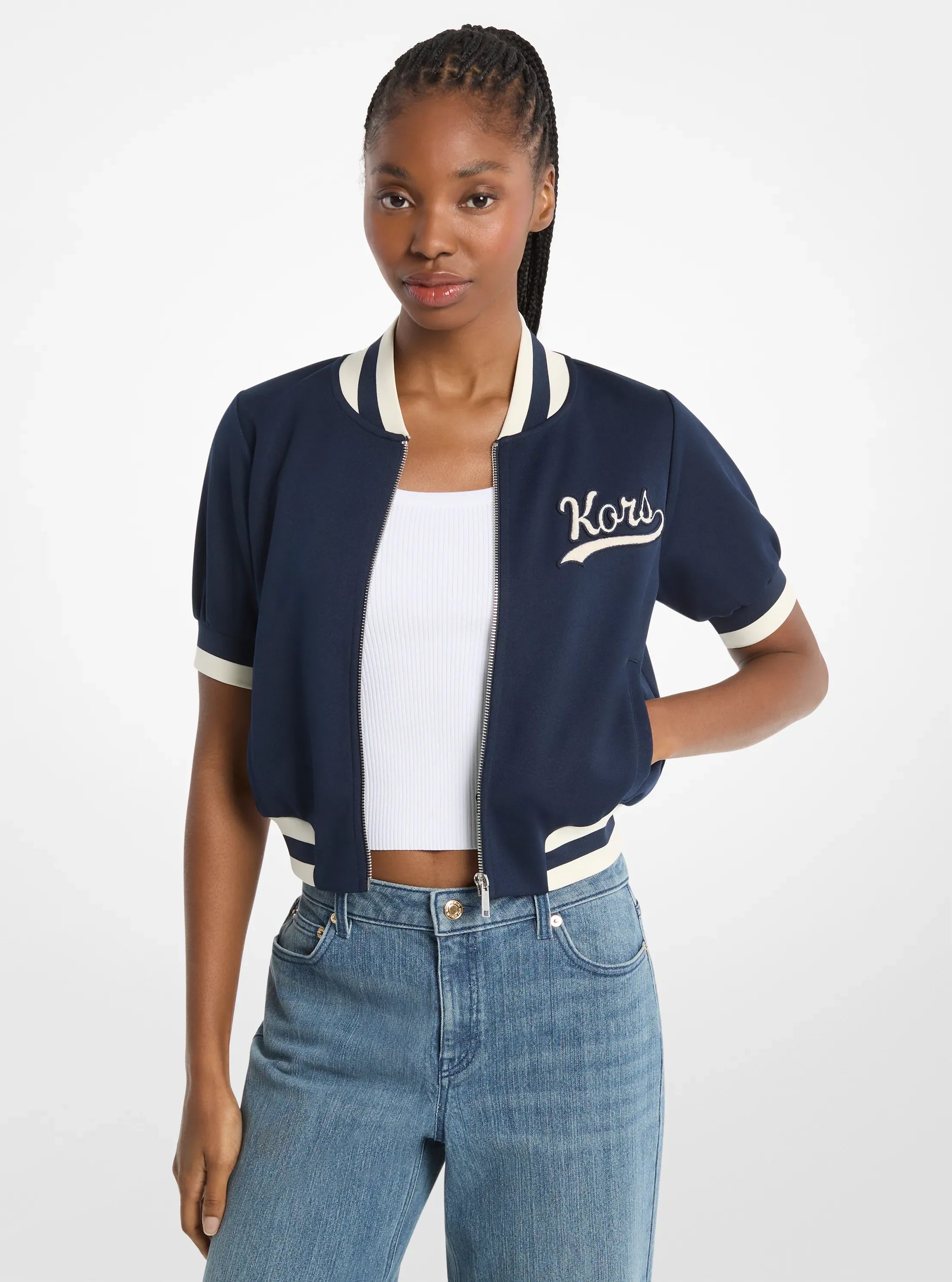 Michael Kors Sporty Piqu Cropped Short-Sleeve Jacket MIDNIGHTBLUE