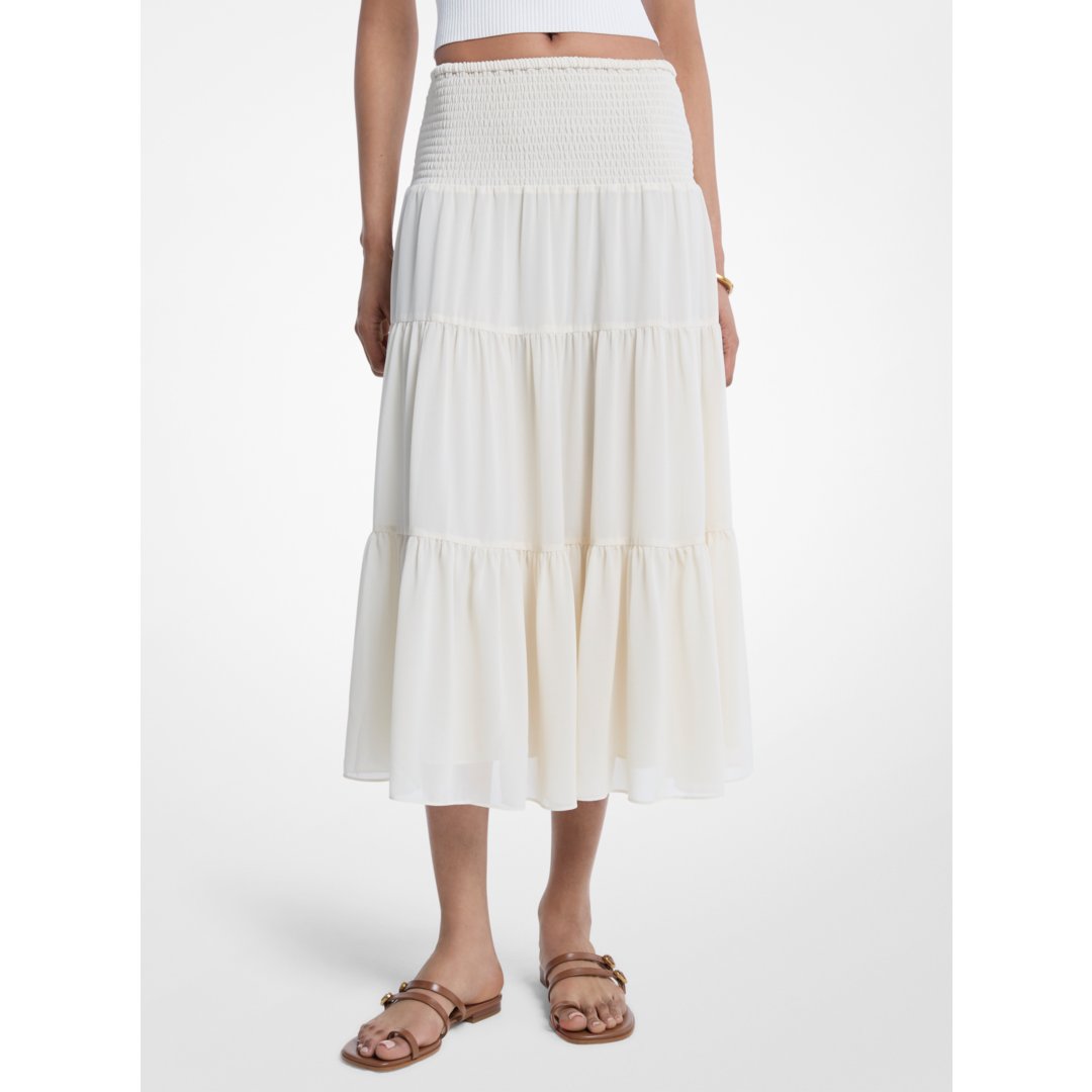 Michael Kors Smocked Georgette Tiered Skirt BONE