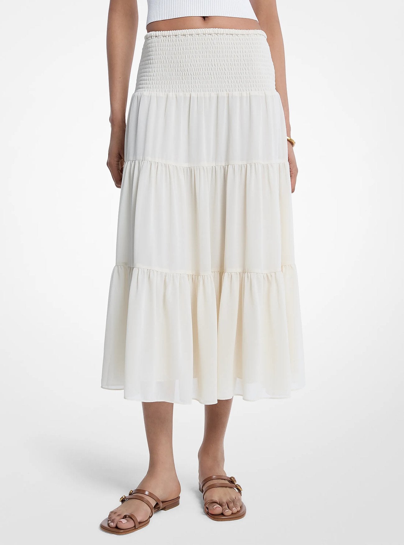 Michael Kors Smocked Georgette Tiered Skirt BONE