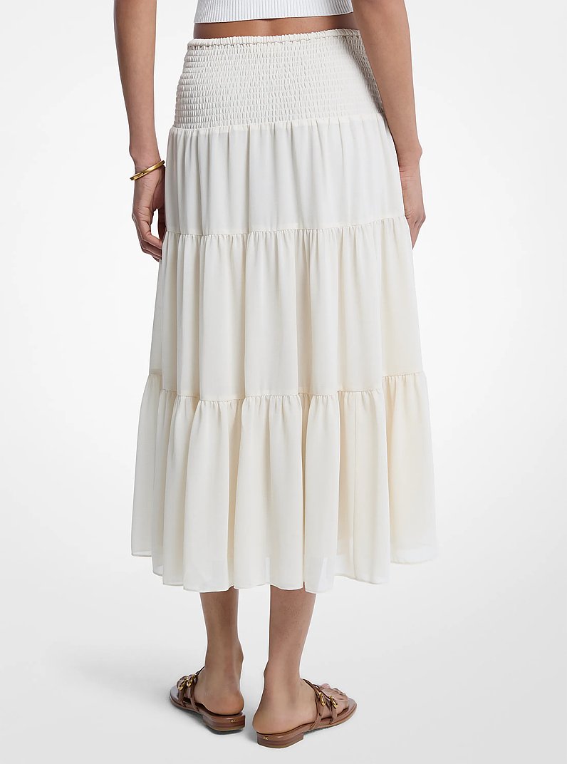 Michael Kors Smocked Georgette Tiered Skirt BONE
