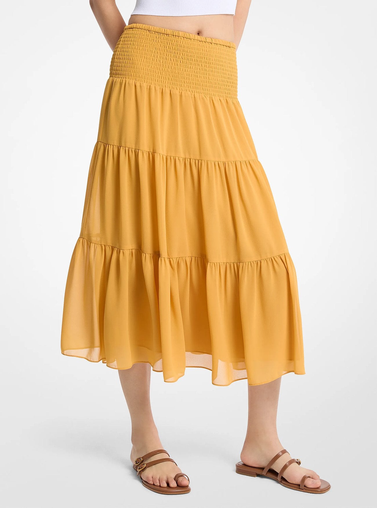Michael Kors Smocked Georgette Tiered Skirt HONEYWHEAT