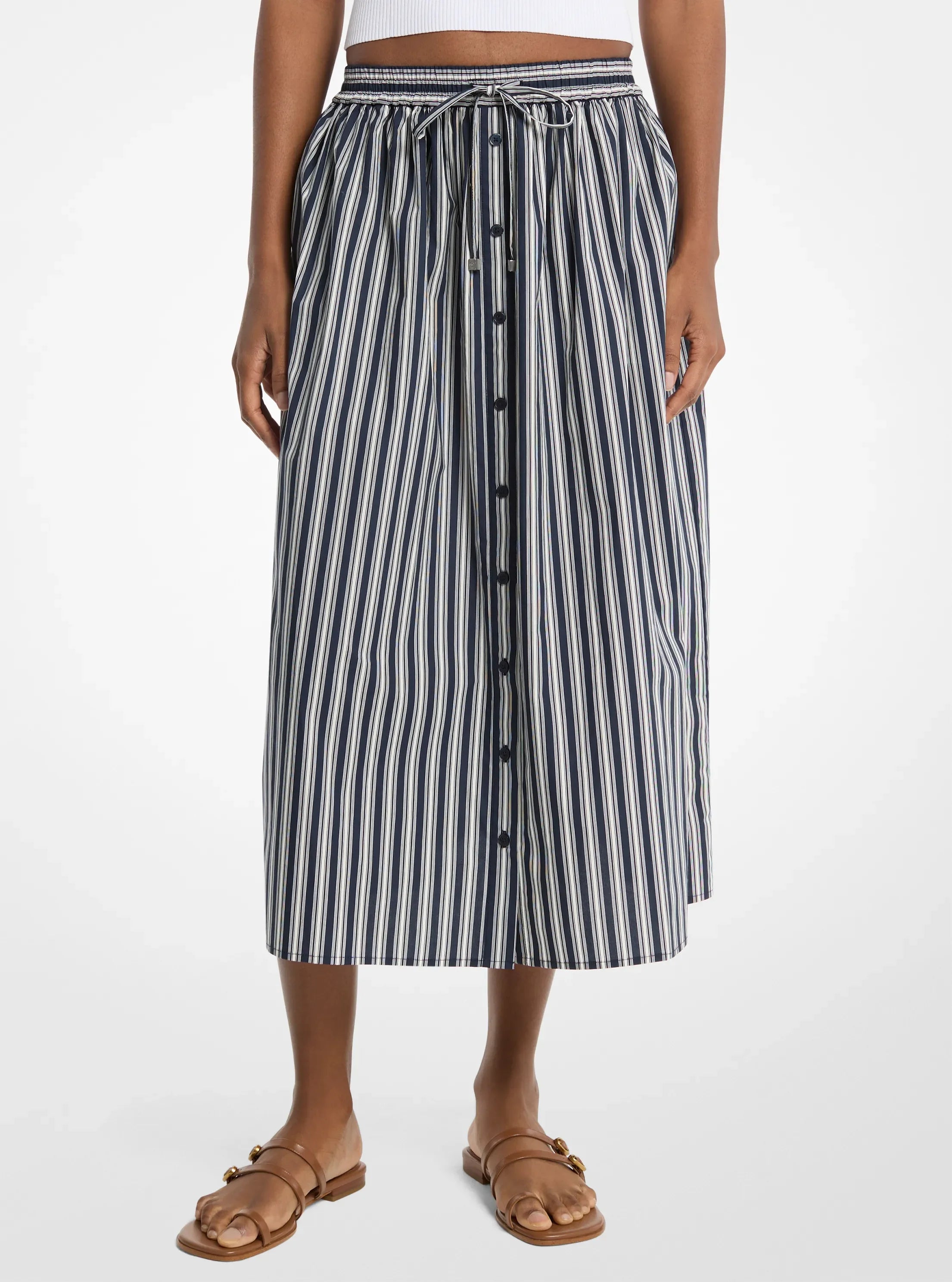 Michael Kors Striped Cotton Poplin Midi Skirt MIDNIGHTBLUE