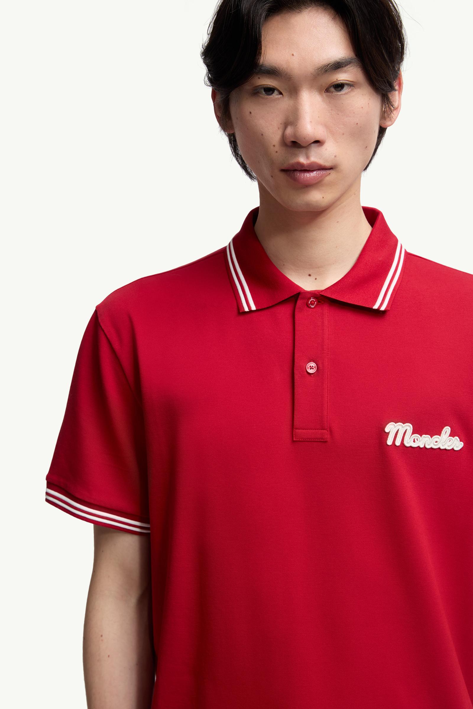 Moncler Embroidered Logo Cotton Piquet Polo Shirt Red Red