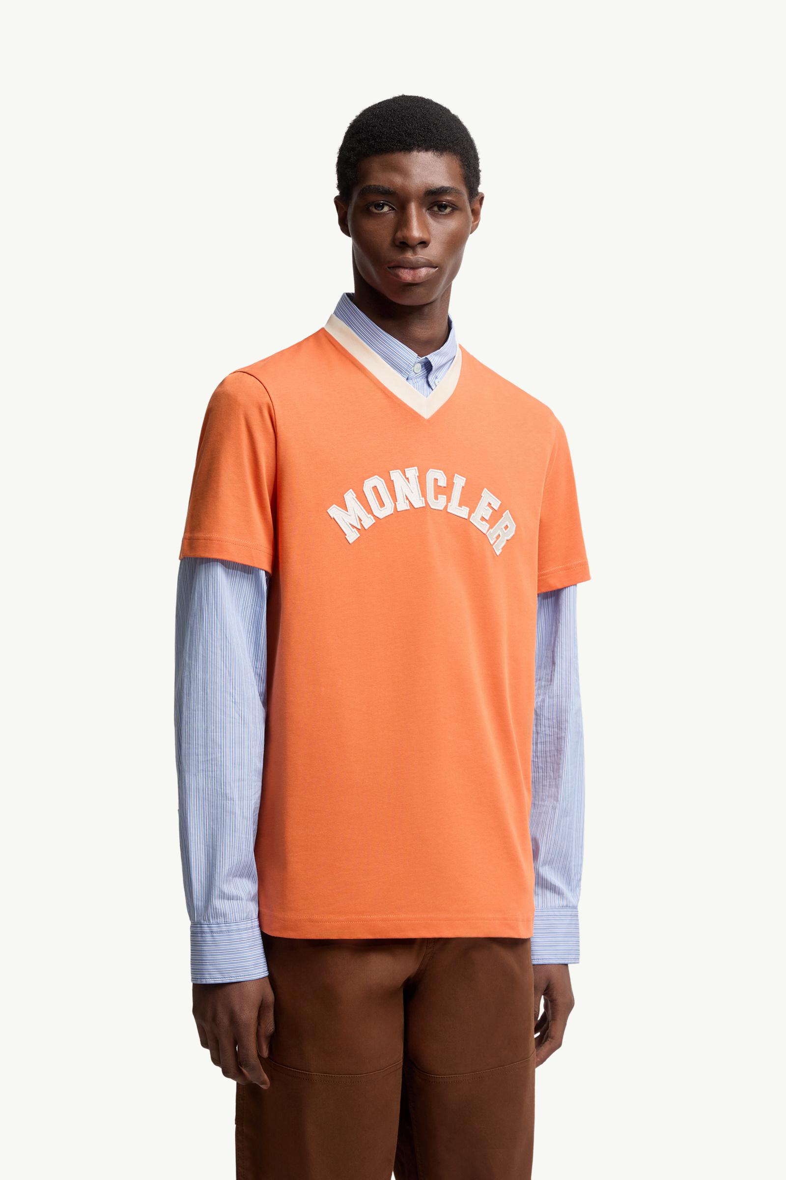 Moncler Embroidered Logo Cotton Piquet V-Neck T-Shirt Orange Orange