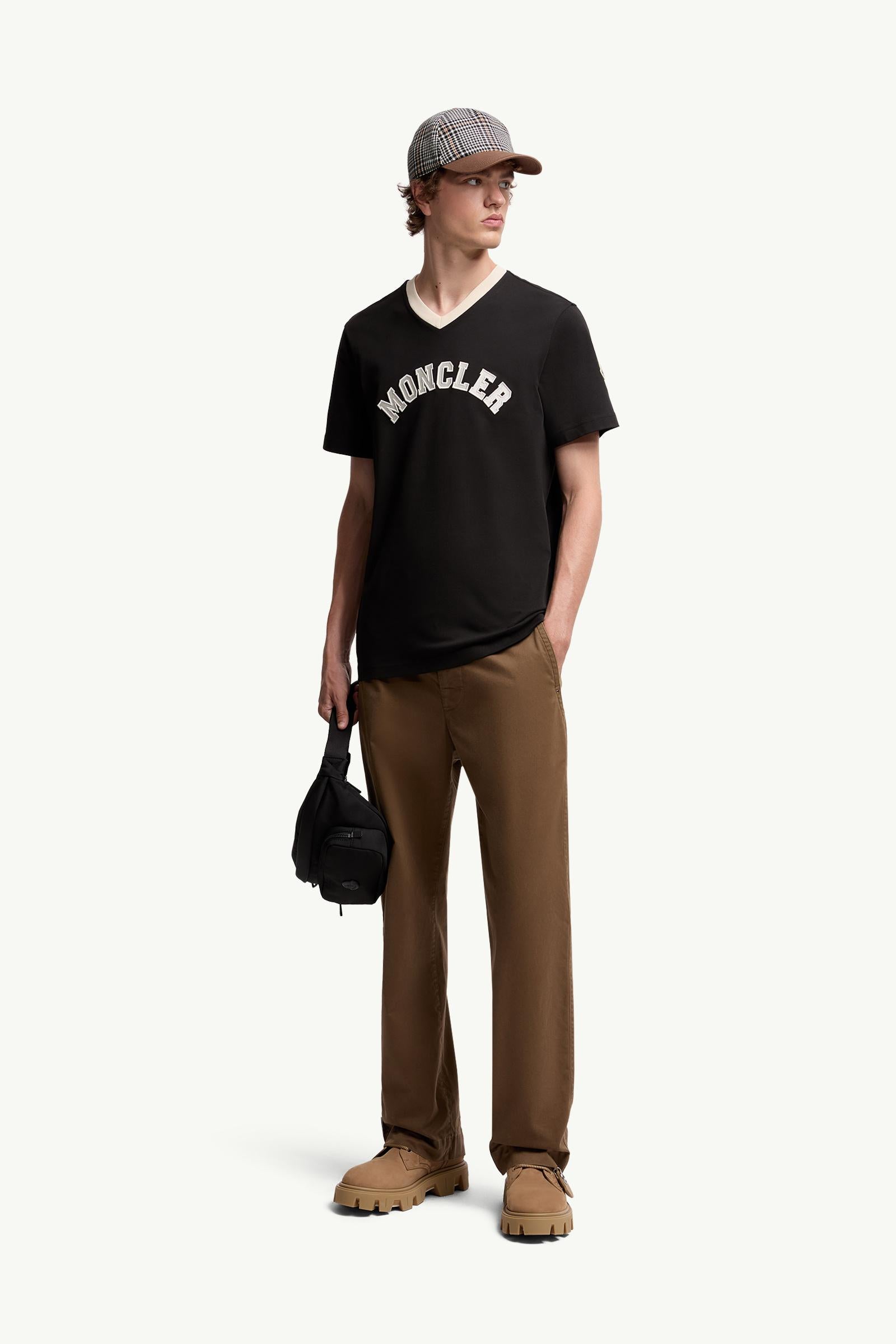 Moncler Embroidered Logo Cotton Piquet V-Neck T-Shirt Black Black