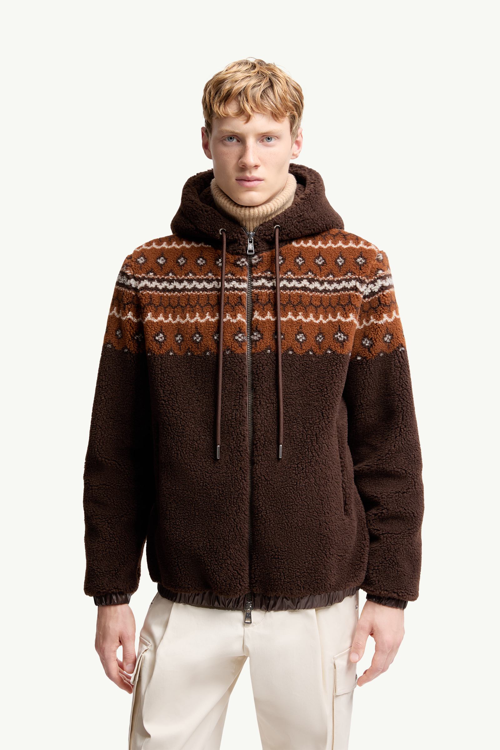 Moncler Geometric Jacquard Wool Blend Hoodie Brown Brown