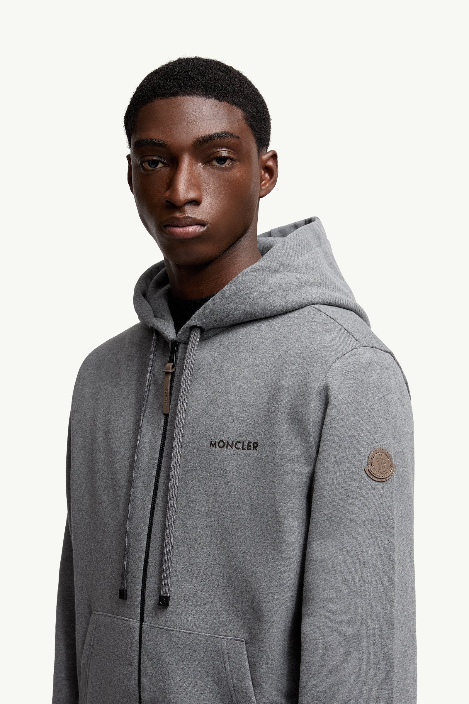 Moncler Leather Logo Cotton Blend Zip-Up Hoodie Dark Grey Dark Grey