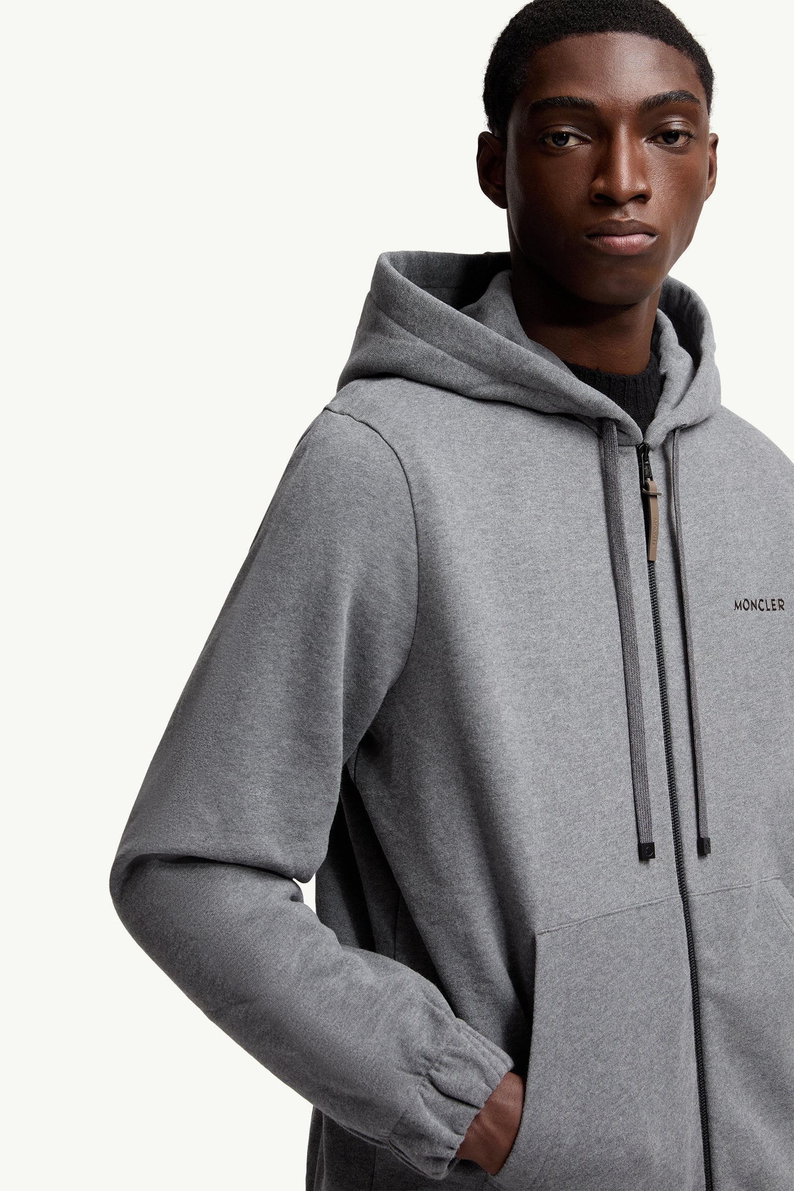 Moncler Leather Logo Cotton Blend Zip-Up Hoodie Dark Grey Dark Grey