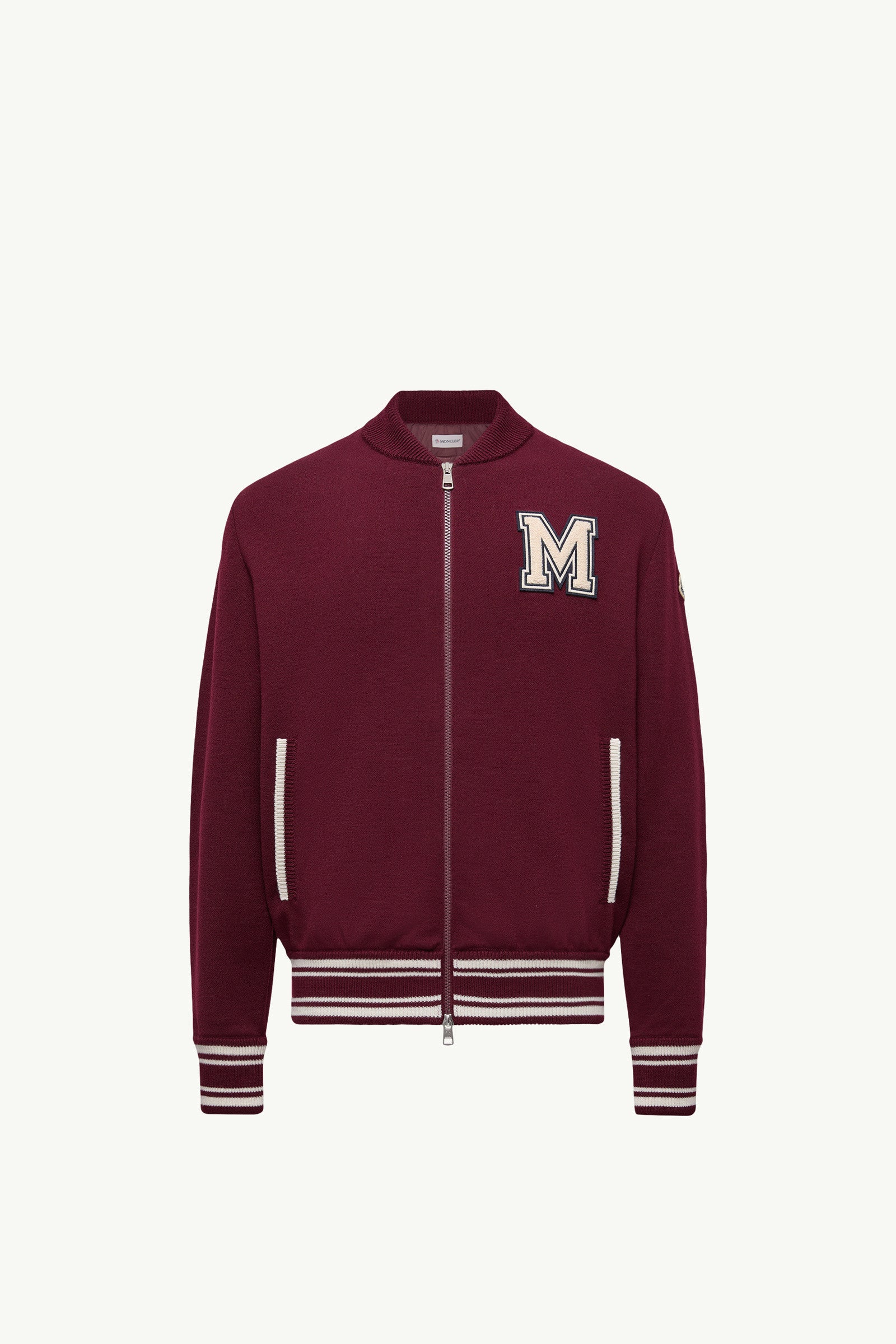 Moncler Embroidered Monogram Padded Zip-Up Wool Blend Cardigan Burgundy Burgundy