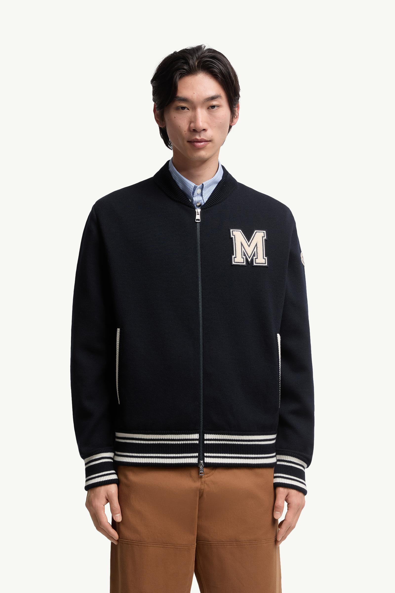 Moncler Embroidered Monogram Padded Zip-Up Wool Blend Cardigan Blue Blue