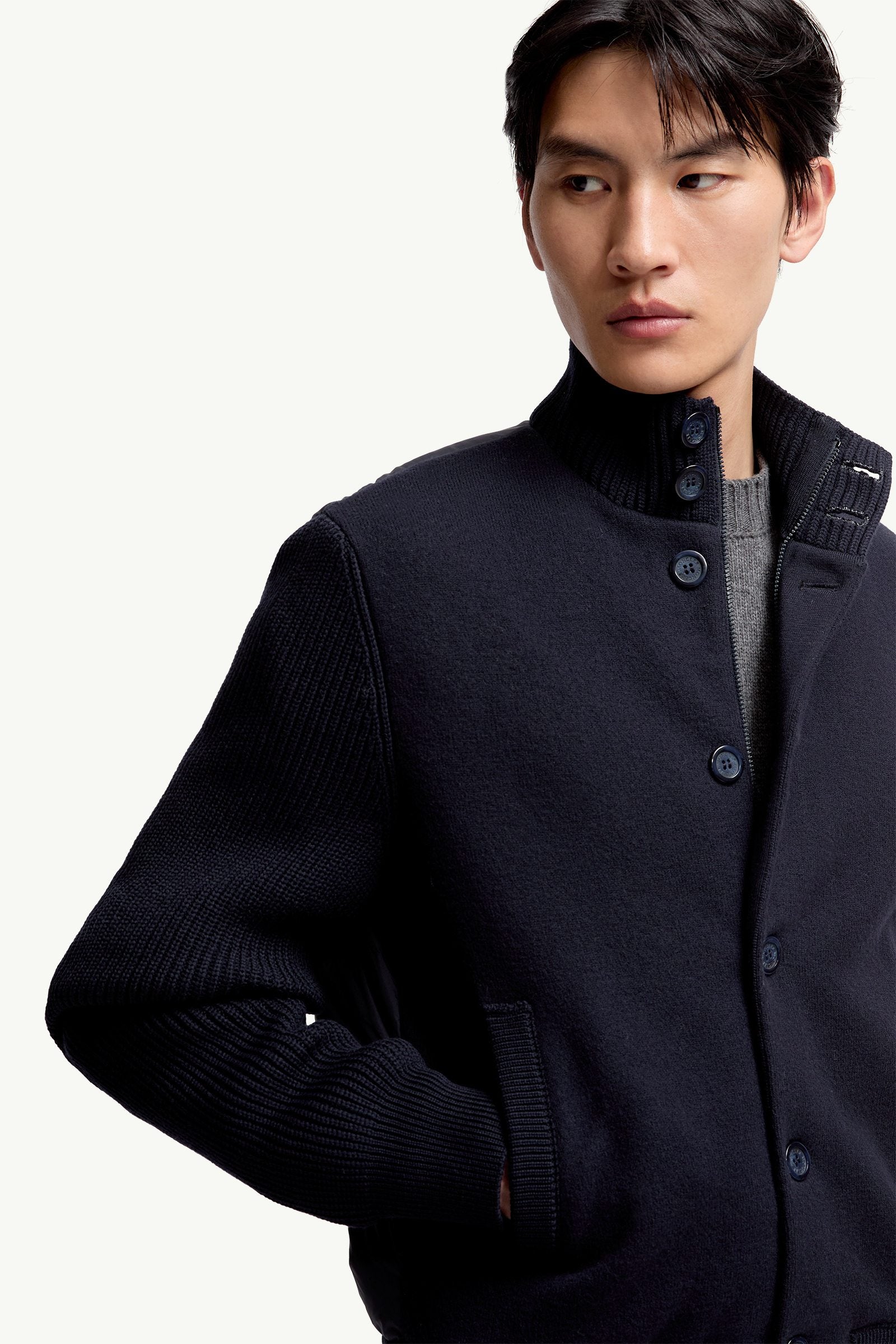Moncler Padded Wool Zip-Up Cardigan Navy Blue Navy Blue