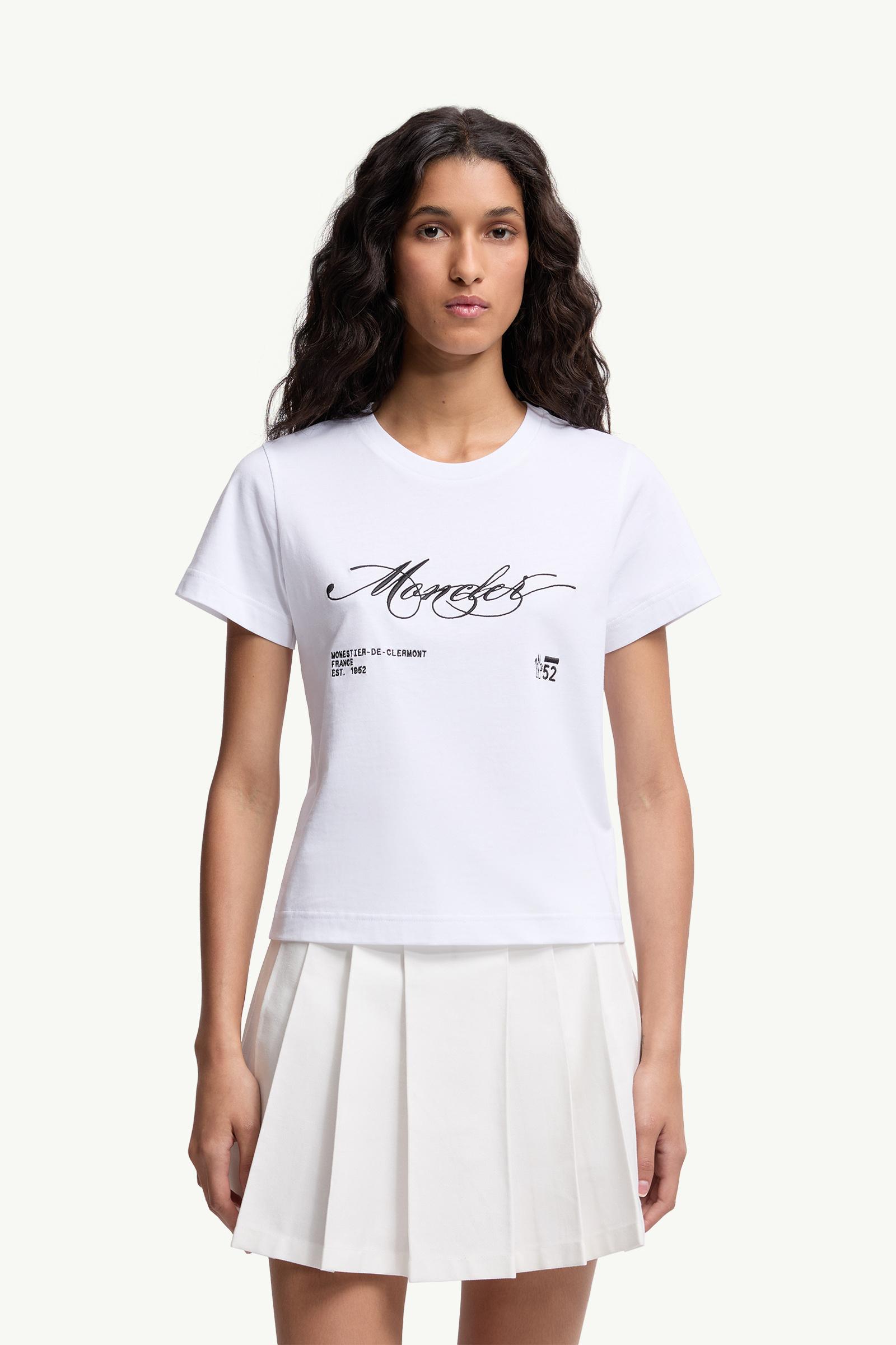 Moncler Embroidered Cursive Logo Cotton T-Shirt White White