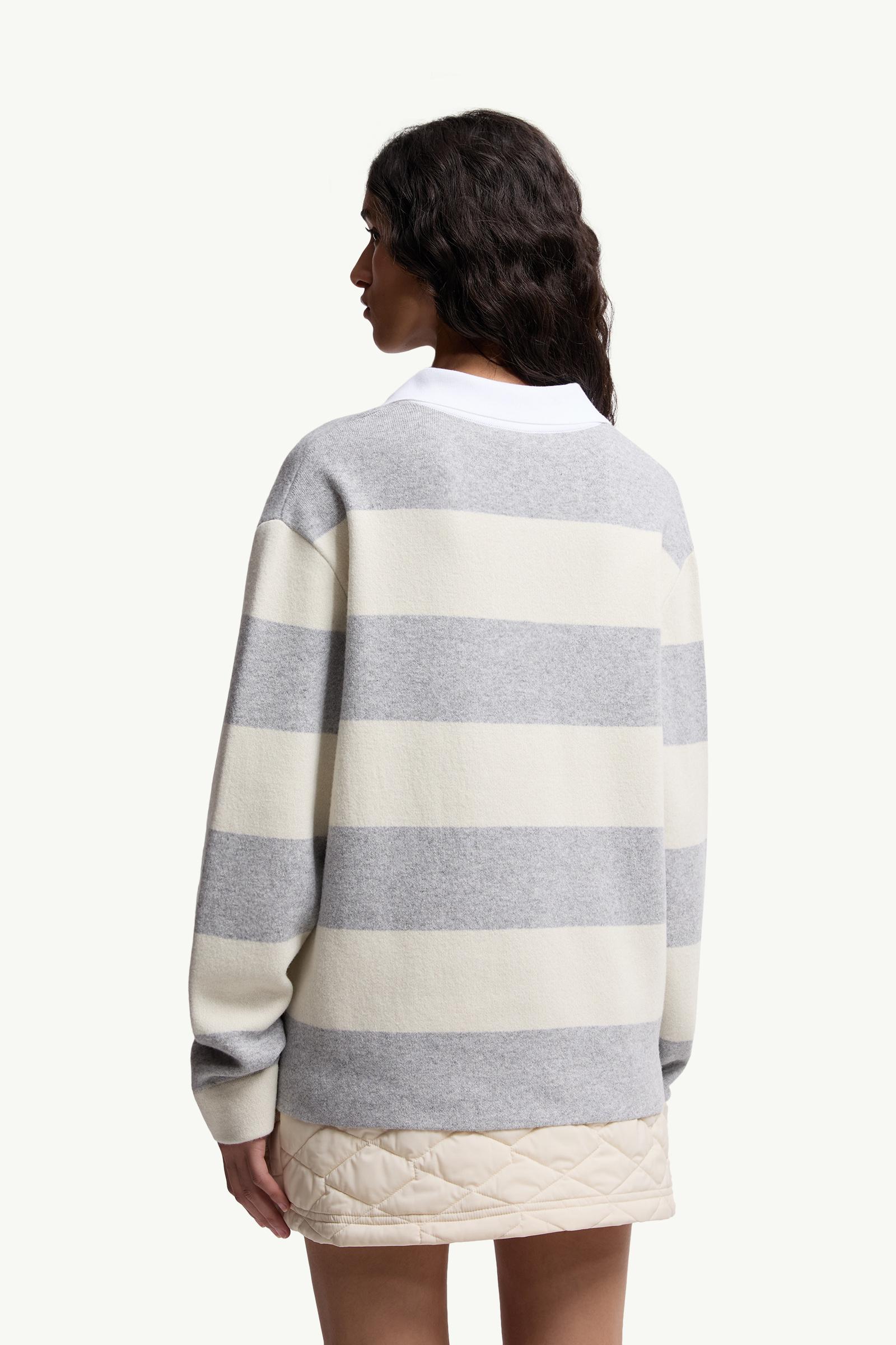Moncler Striped Long Sleeve Wool Polo Shirt White & Grey White & Grey