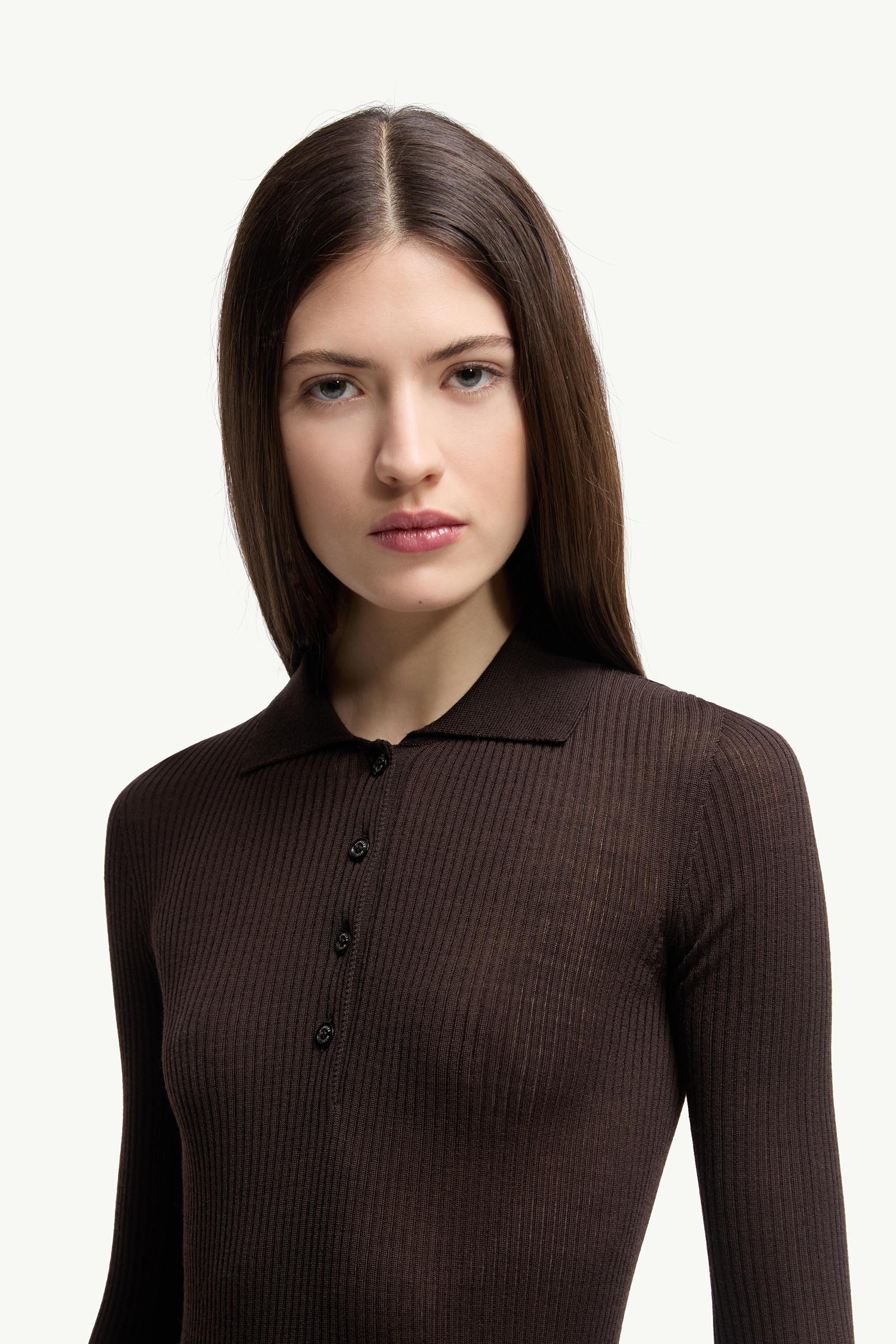 Moncler Wool Long Sleeve Polo Shirt Brown Brown