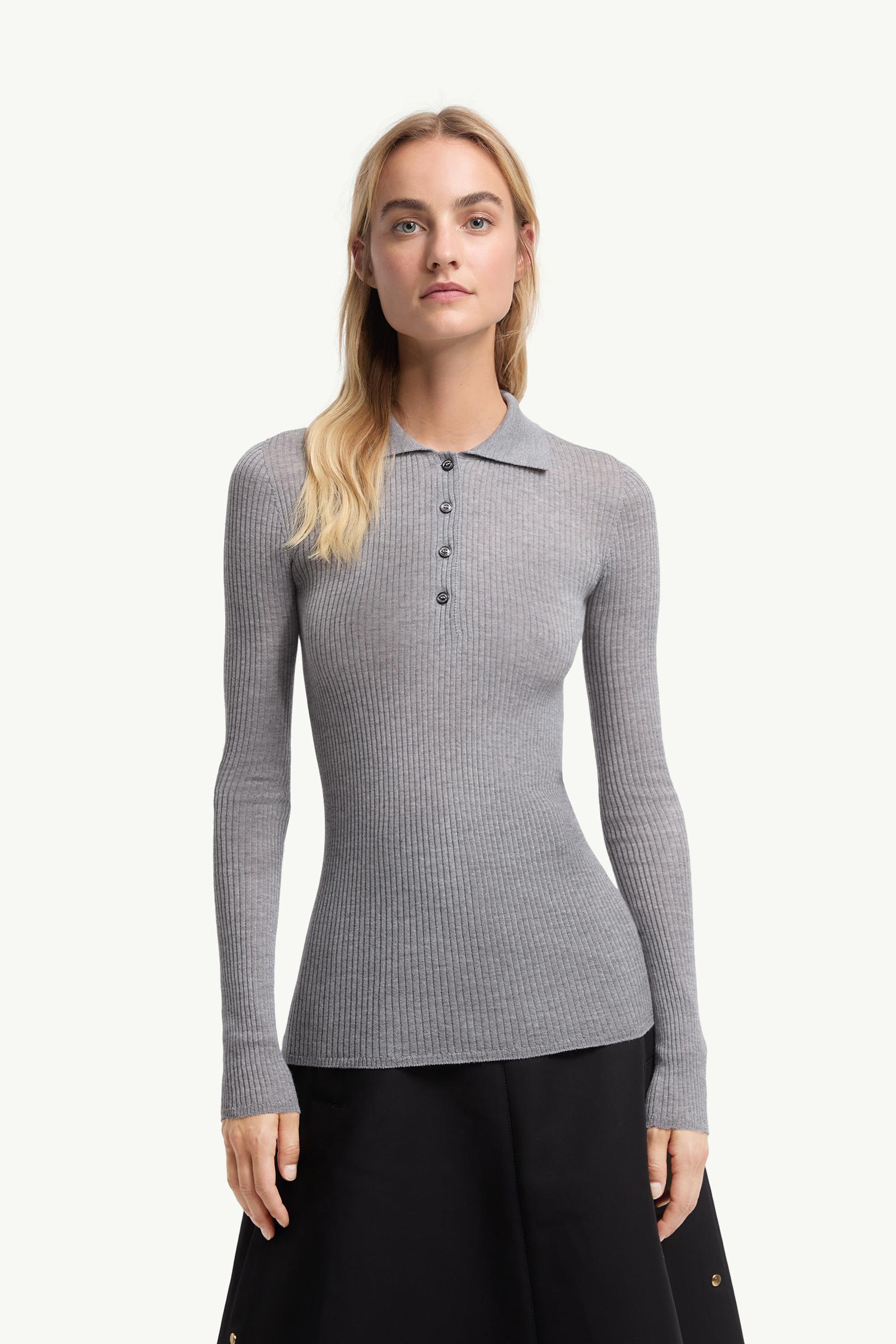 Moncler Wool Long Sleeve Polo Shirt Grey Grey